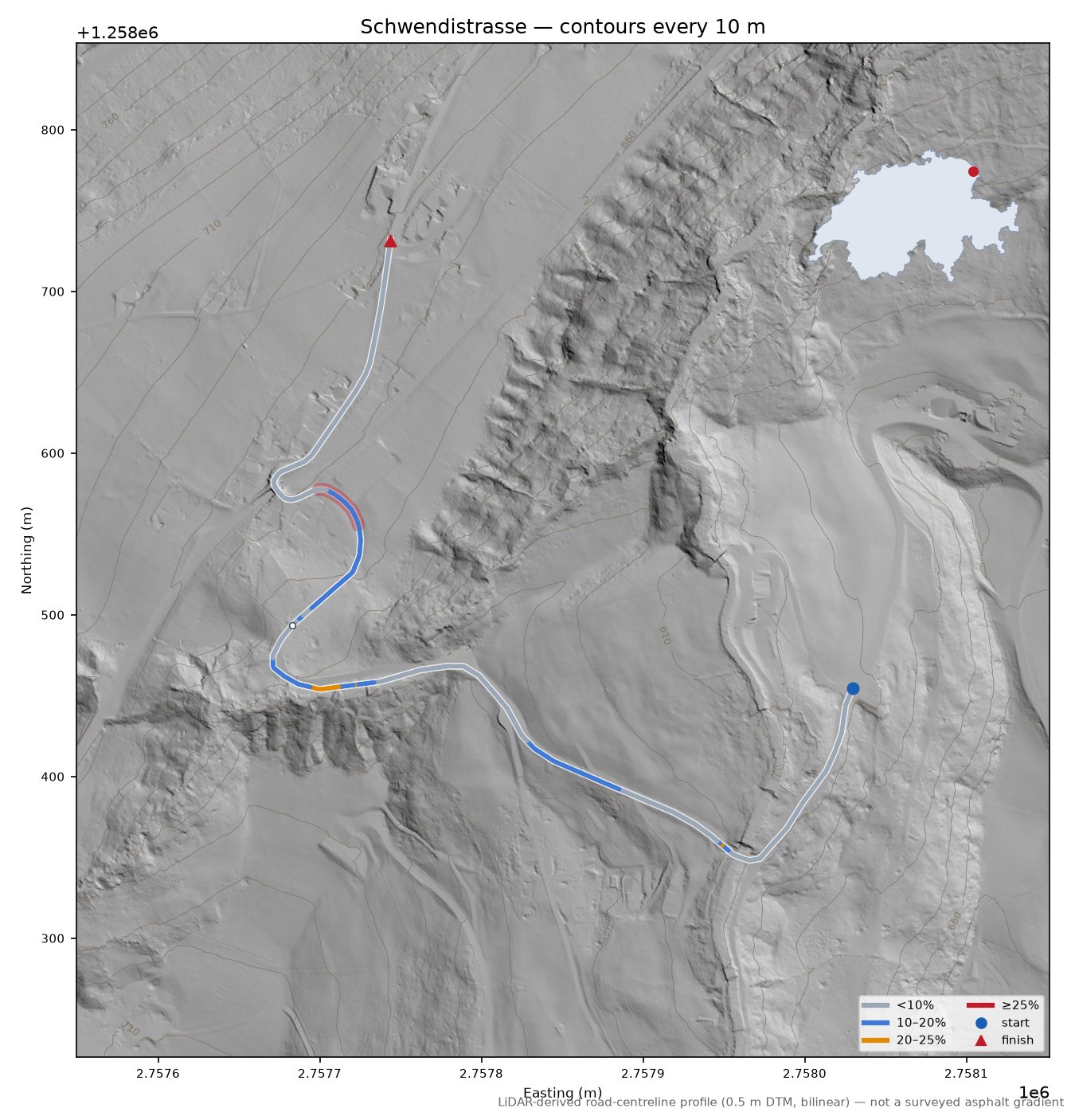 Schwendistrasse LiDAR hillshade map with contours