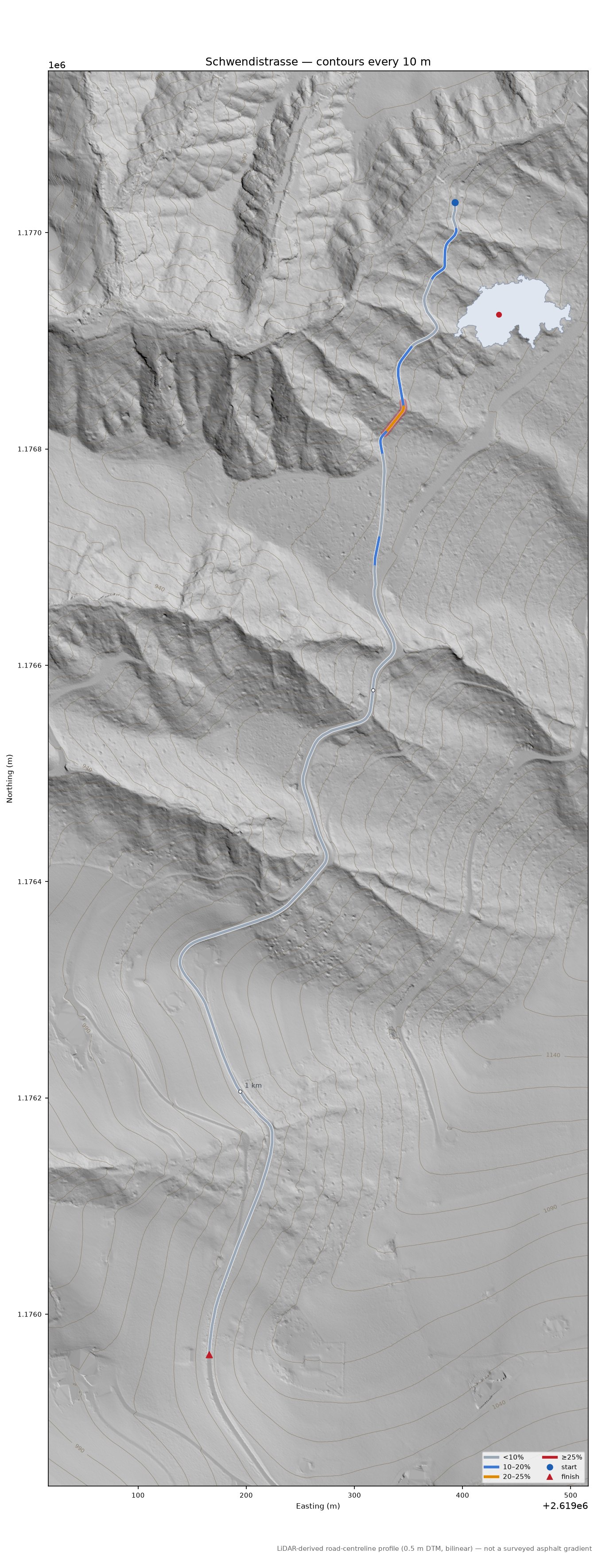 Schwendistrasse LiDAR hillshade map with contours