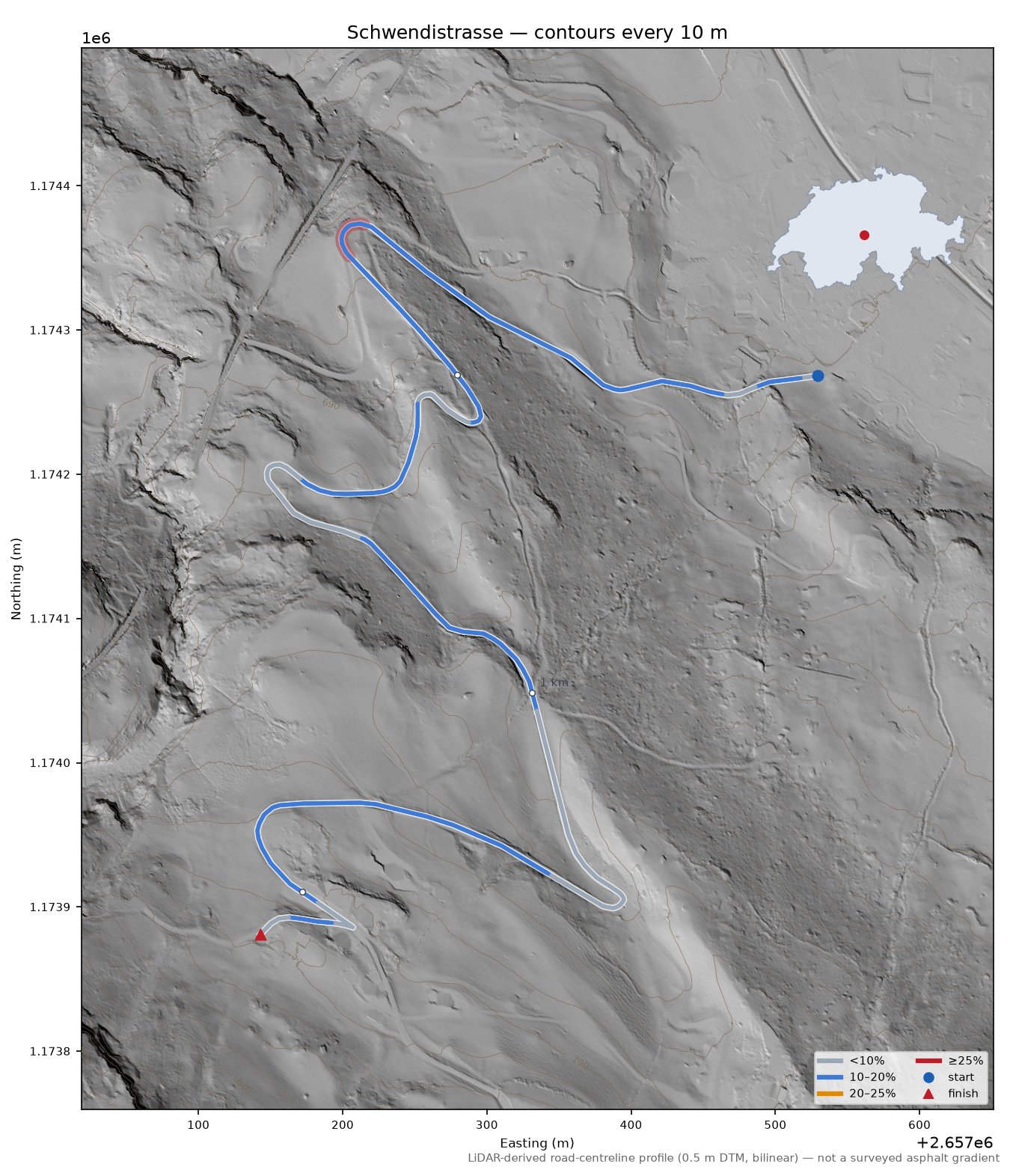 Schwendistrasse LiDAR hillshade map with contours
