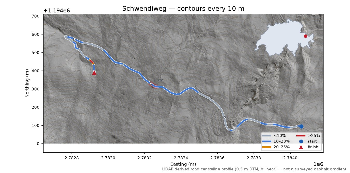 Schwendiweg LiDAR hillshade map with contours