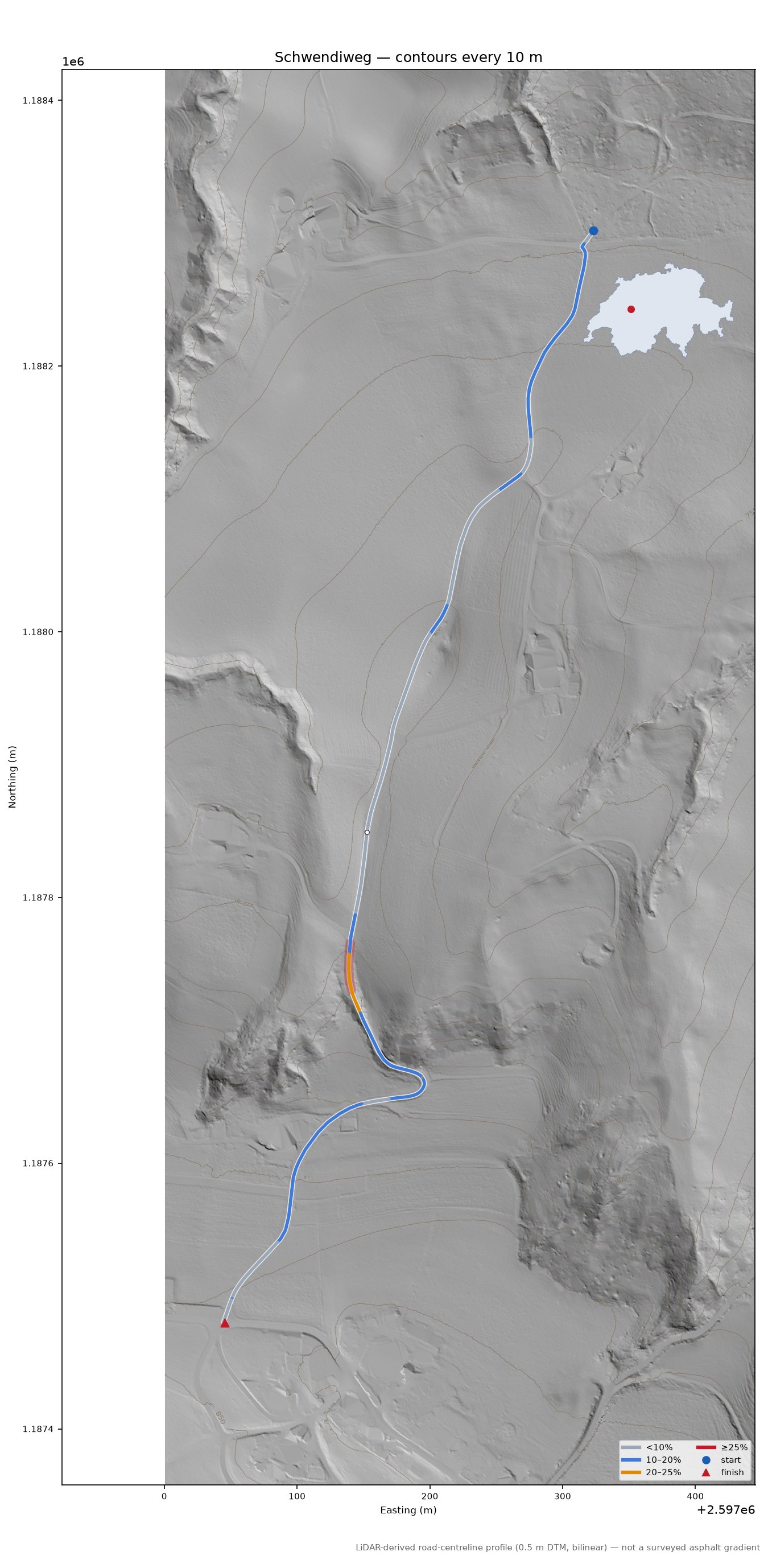 Schwendiweg LiDAR hillshade map with contours