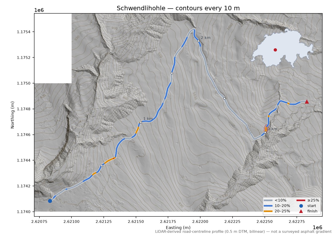 Schwendlihohle LiDAR hillshade map with contours
