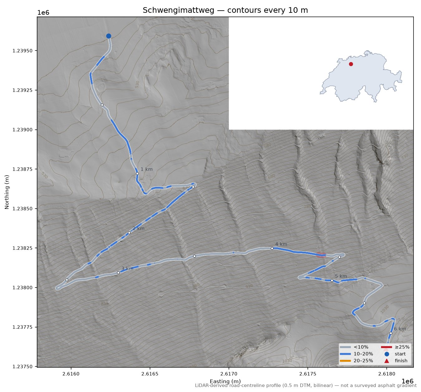 Schwengimattweg LiDAR hillshade map with contours