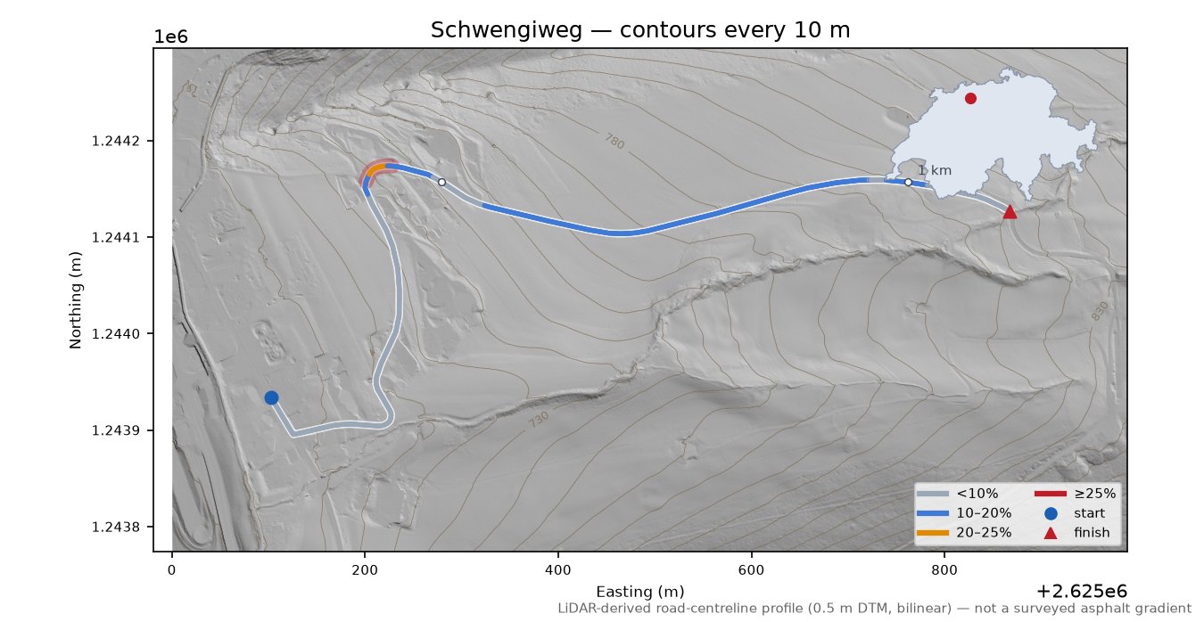 Schwengiweg LiDAR hillshade map with contours