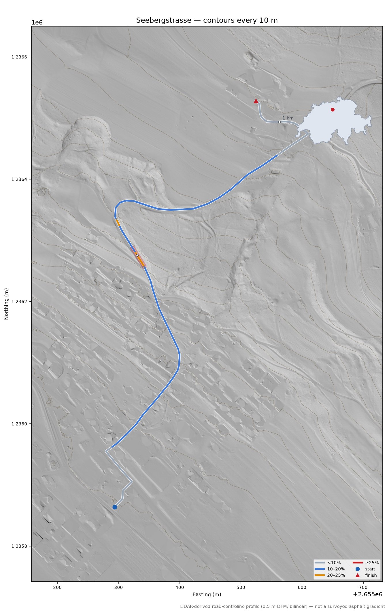 Seebergstrasse LiDAR hillshade map with contours