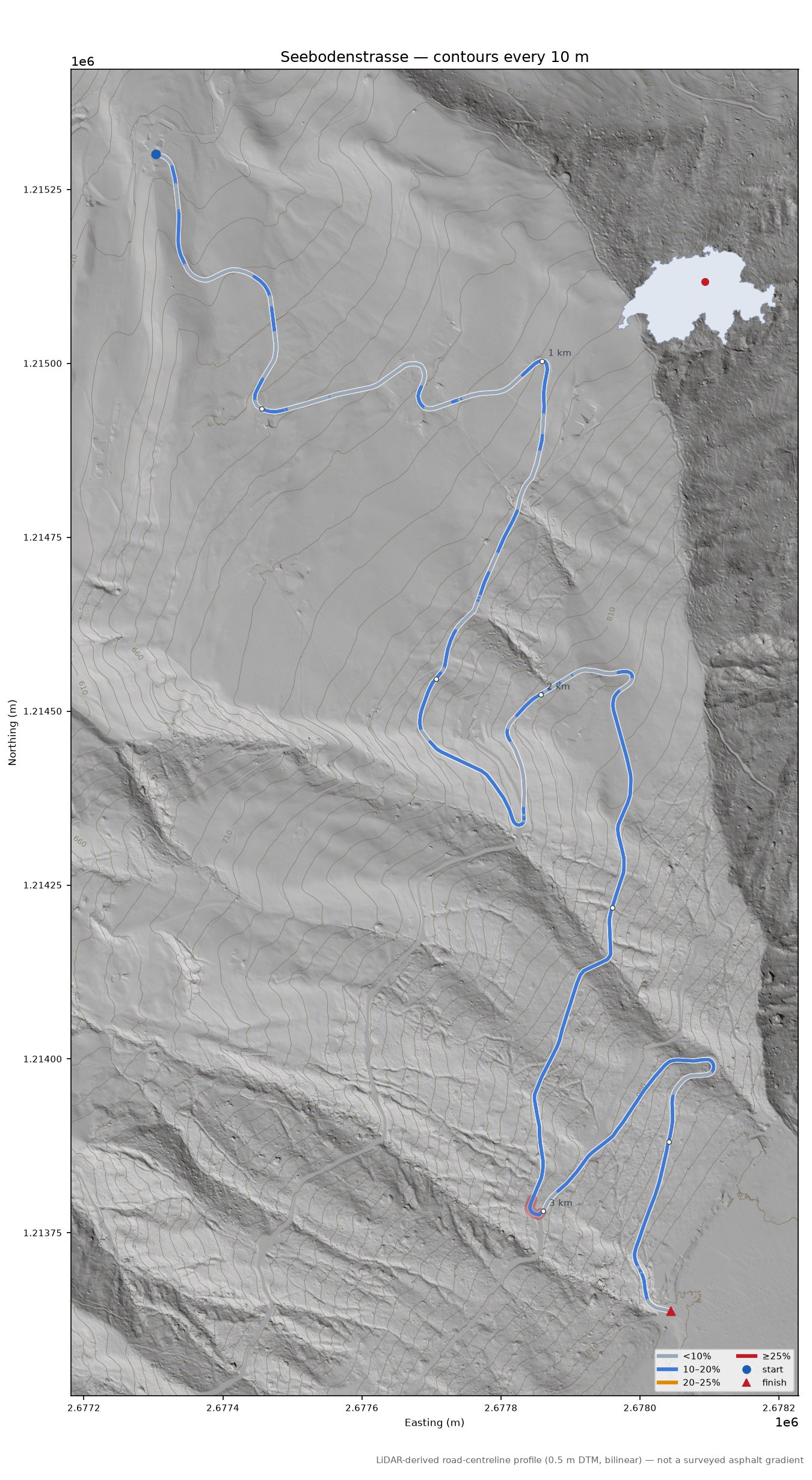 Seebodenstrasse LiDAR hillshade map with contours