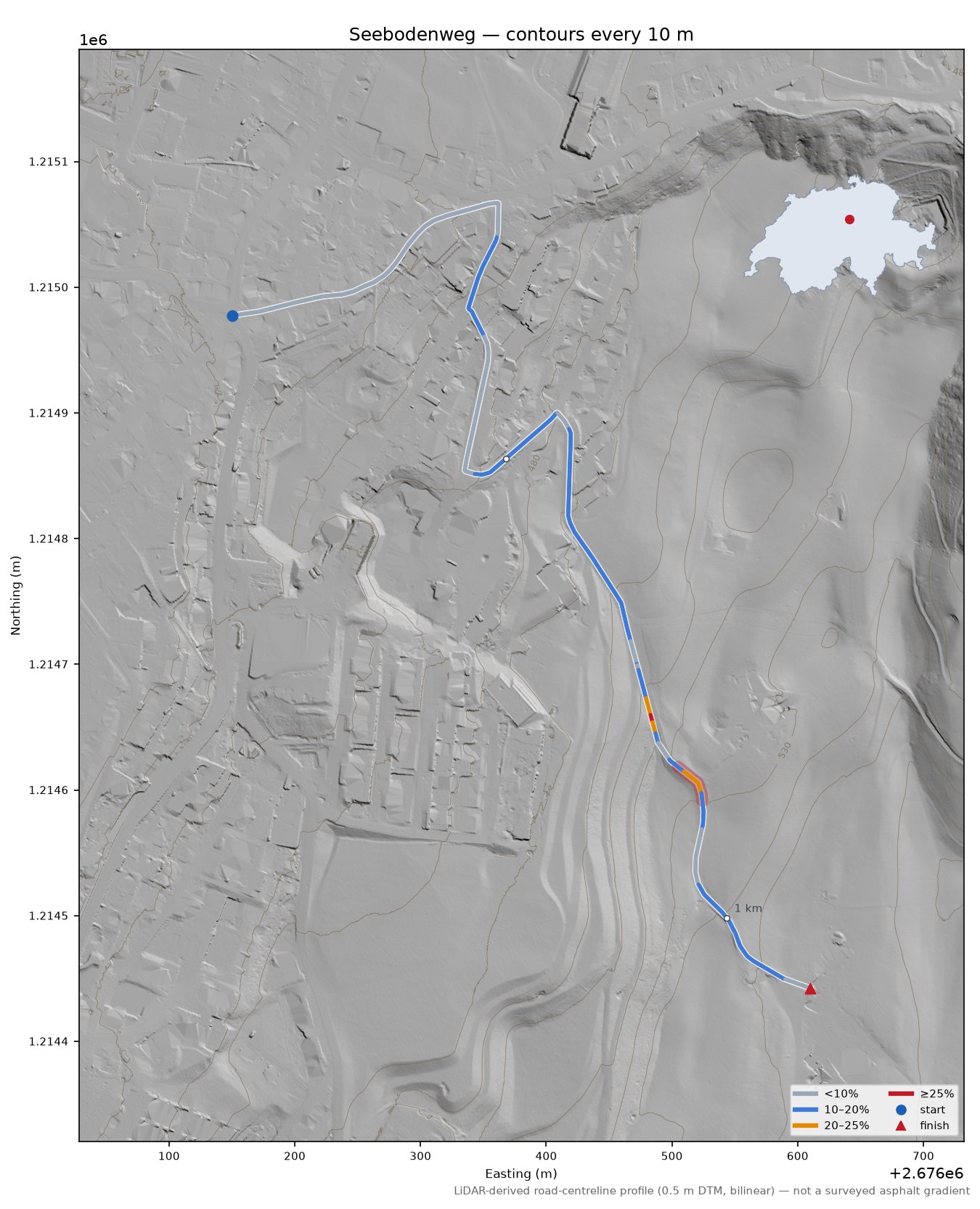 Seebodenweg LiDAR hillshade map with contours