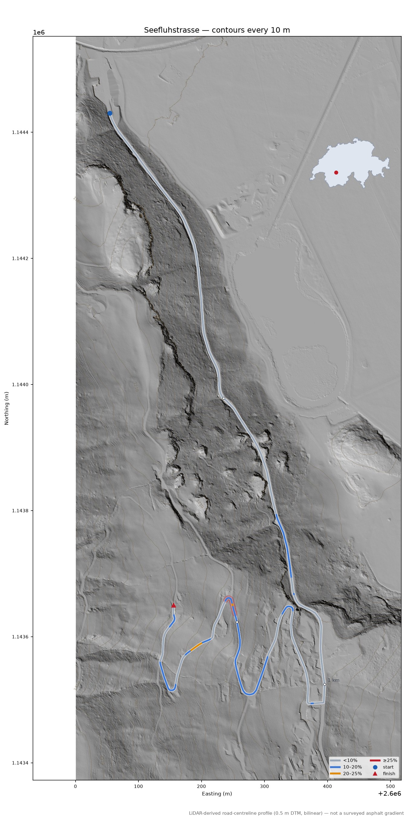 Seefluhstrasse LiDAR hillshade map with contours