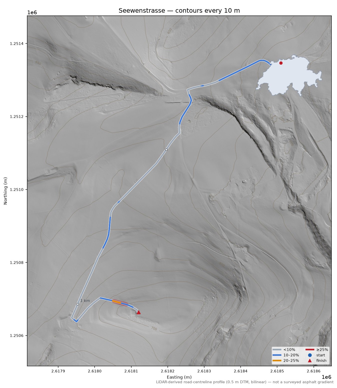 Seewenstrasse LiDAR hillshade map with contours