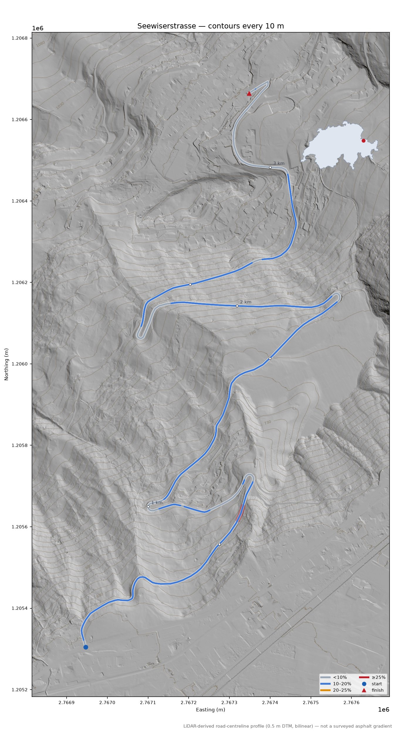 Seewiserstrasse LiDAR hillshade map with contours