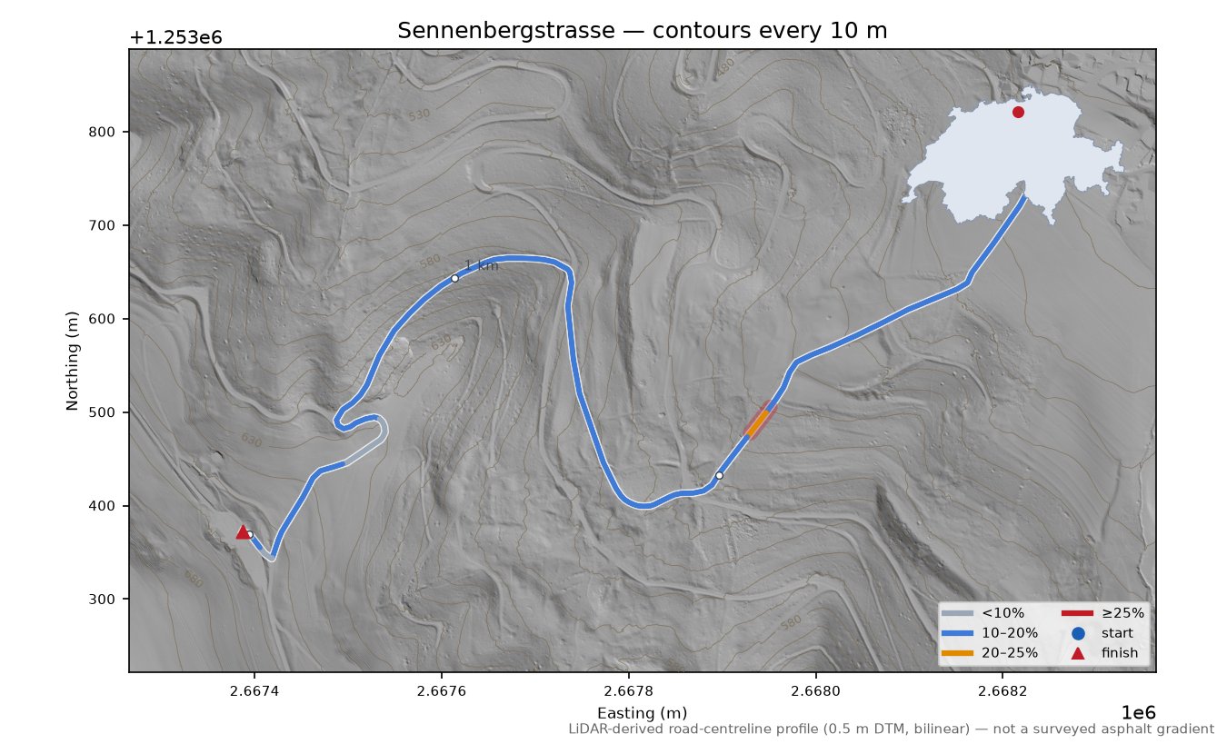 Sennenbergstrasse LiDAR hillshade map with contours