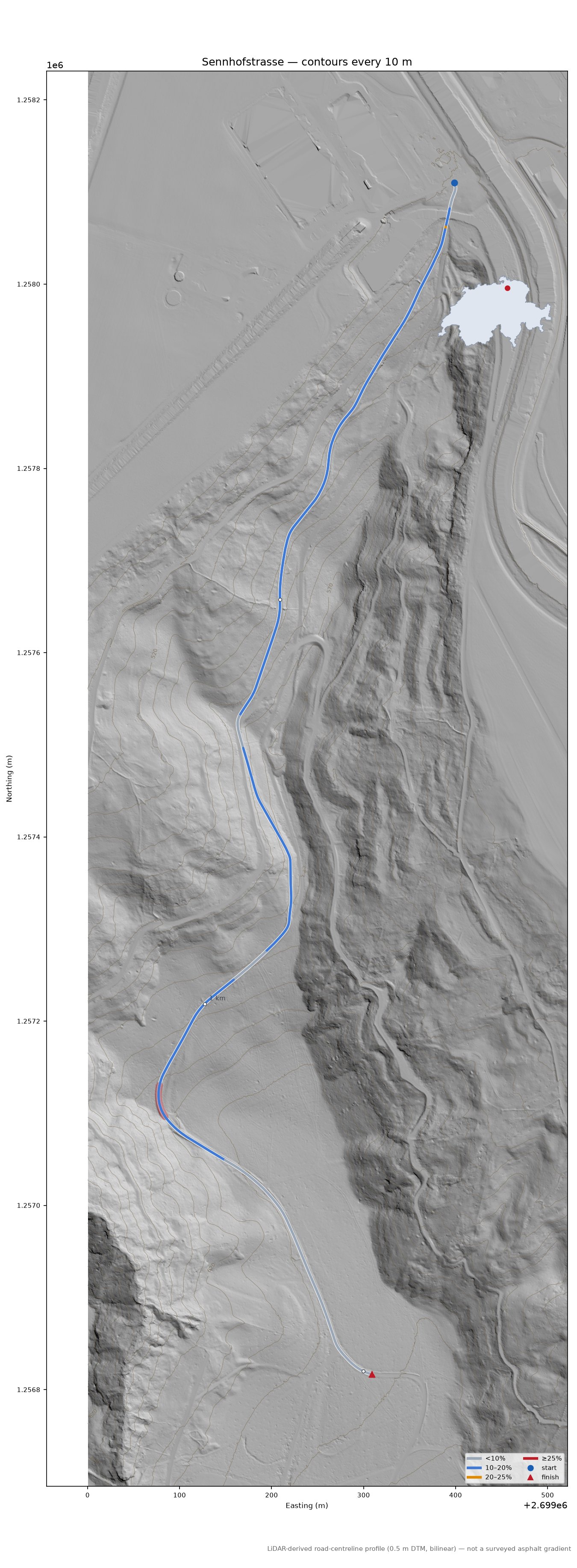 Sennhofstrasse LiDAR hillshade map with contours