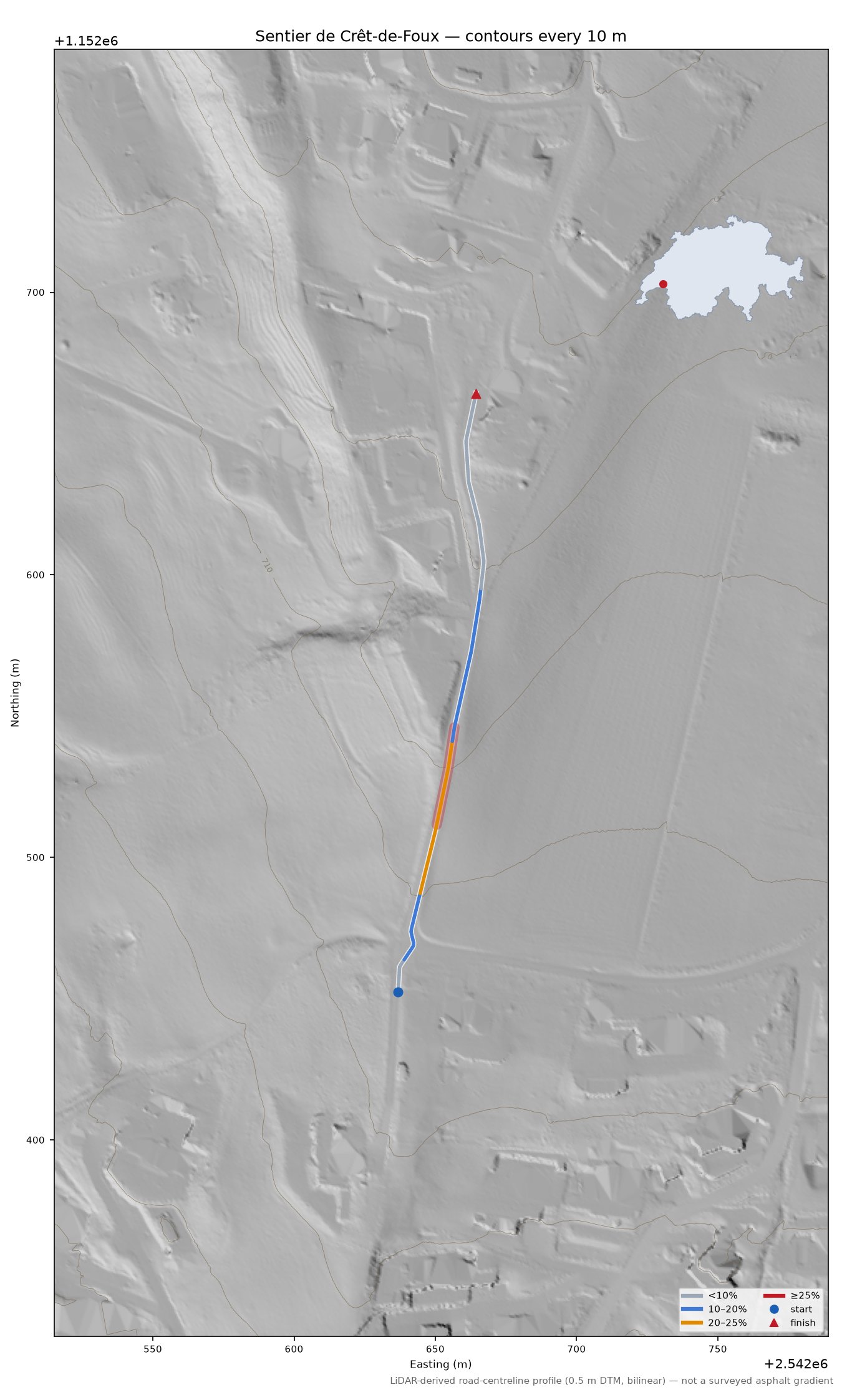 Sentier de Crêt-de-Foux LiDAR hillshade map with contours