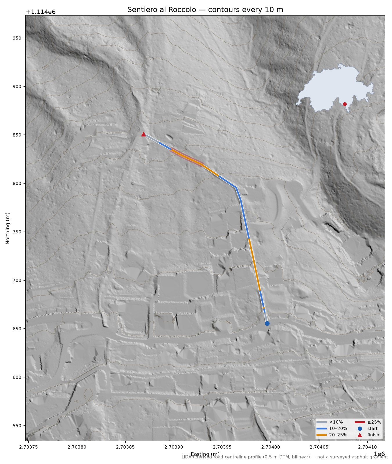 Sentiero al Roccolo LiDAR hillshade map with contours