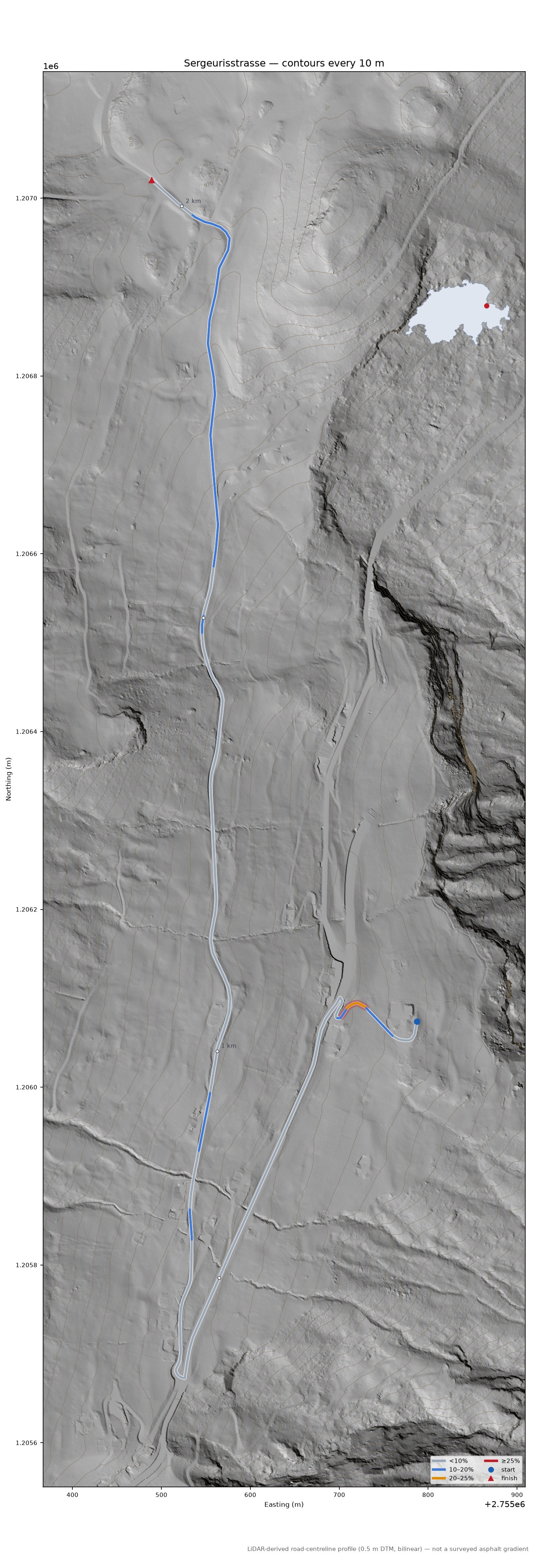 Sergeurisstrasse LiDAR hillshade map with contours