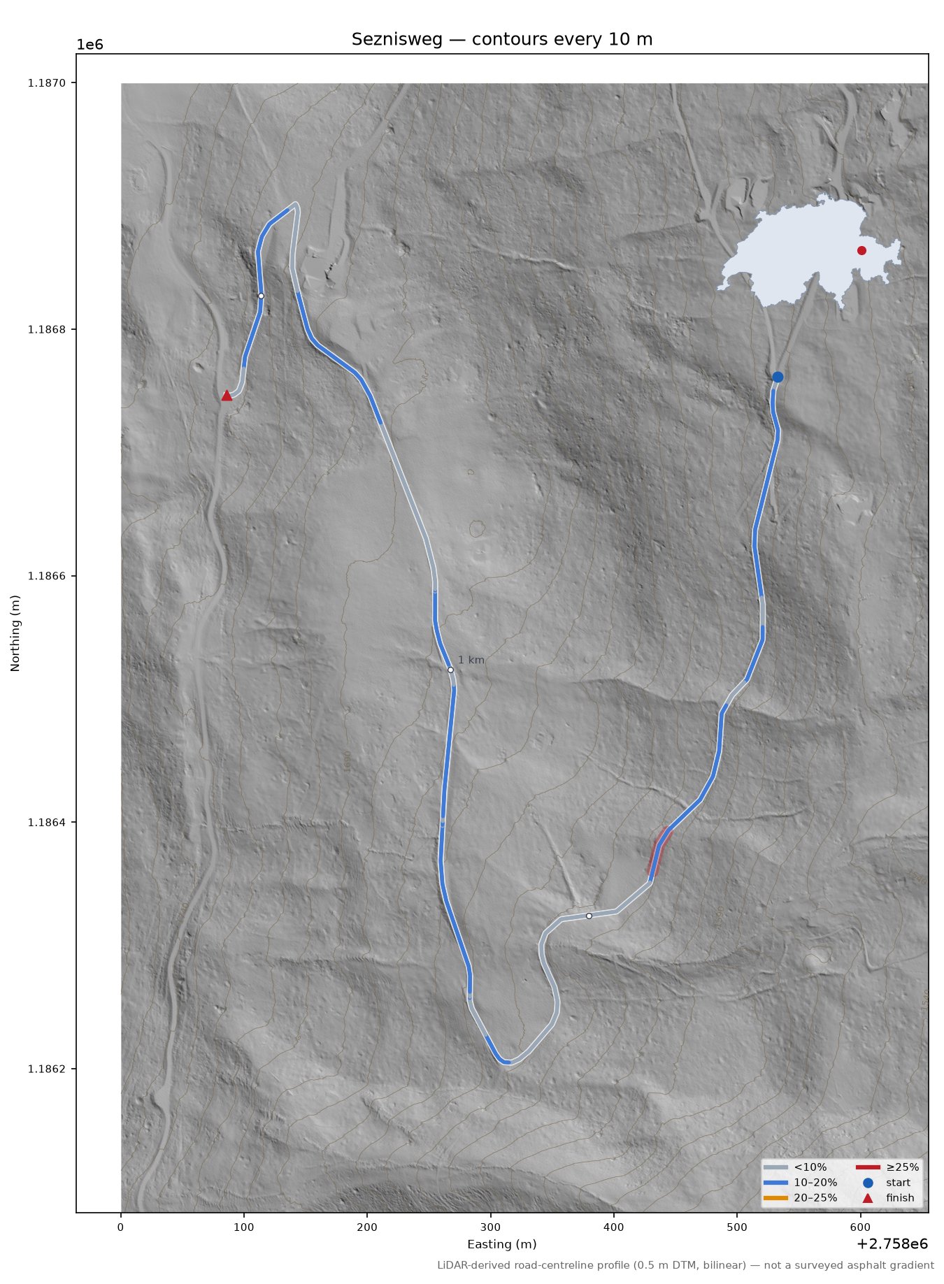 Seznisweg LiDAR hillshade map with contours