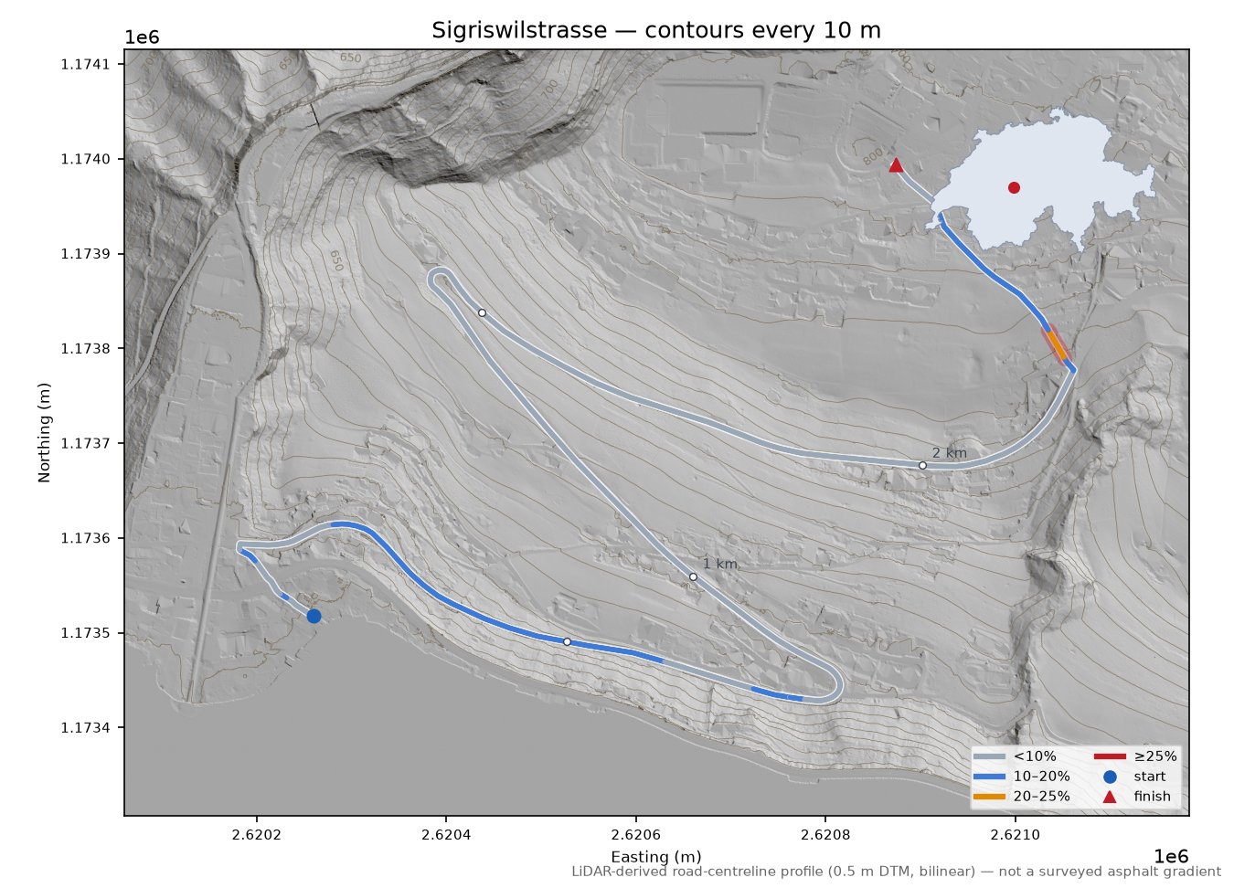 Sigriswilstrasse LiDAR hillshade map with contours