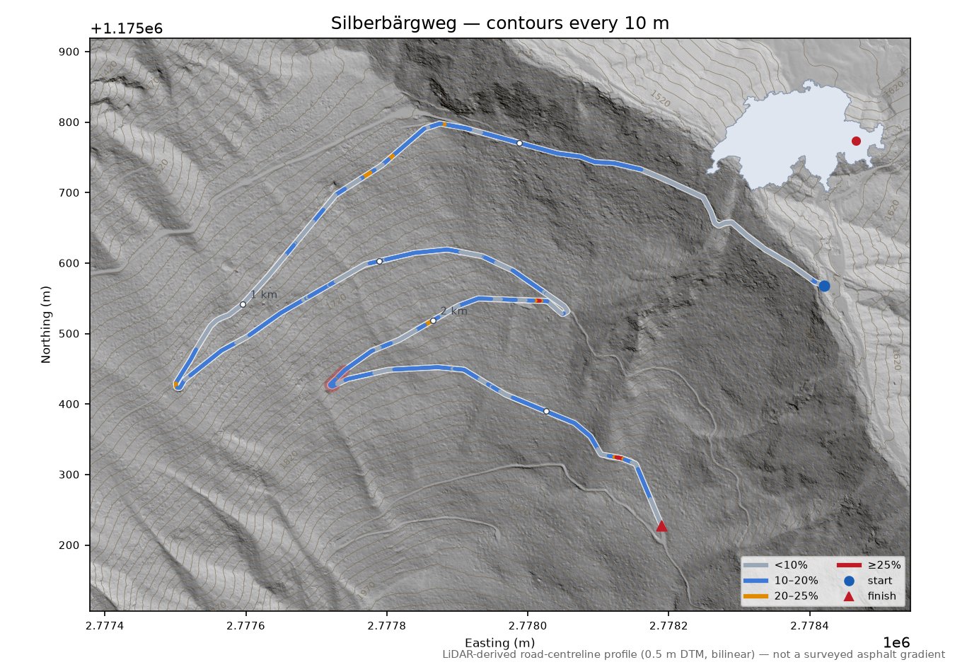 Silberbärgweg LiDAR hillshade map with contours
