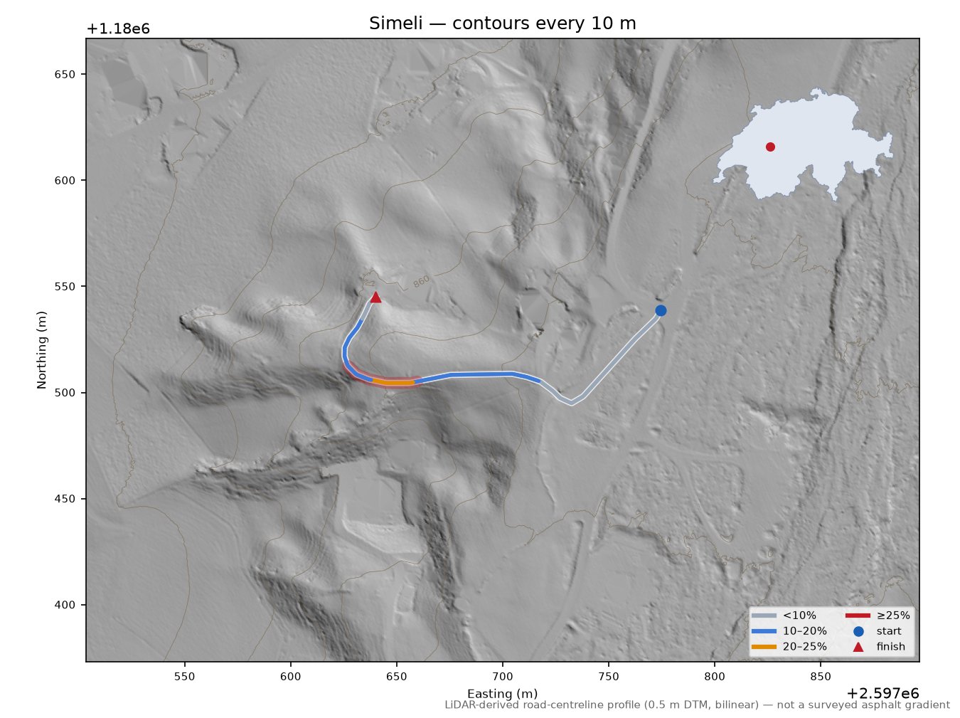 Simeli LiDAR hillshade map with contours