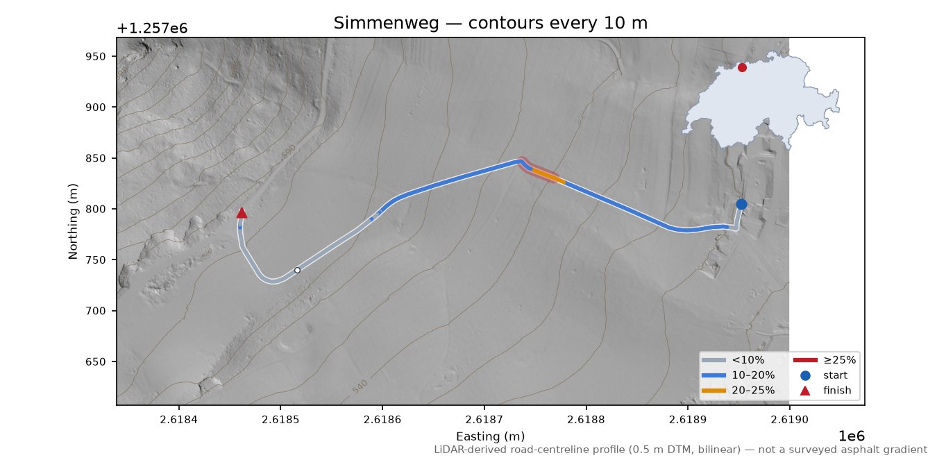 Simmenweg LiDAR hillshade map with contours