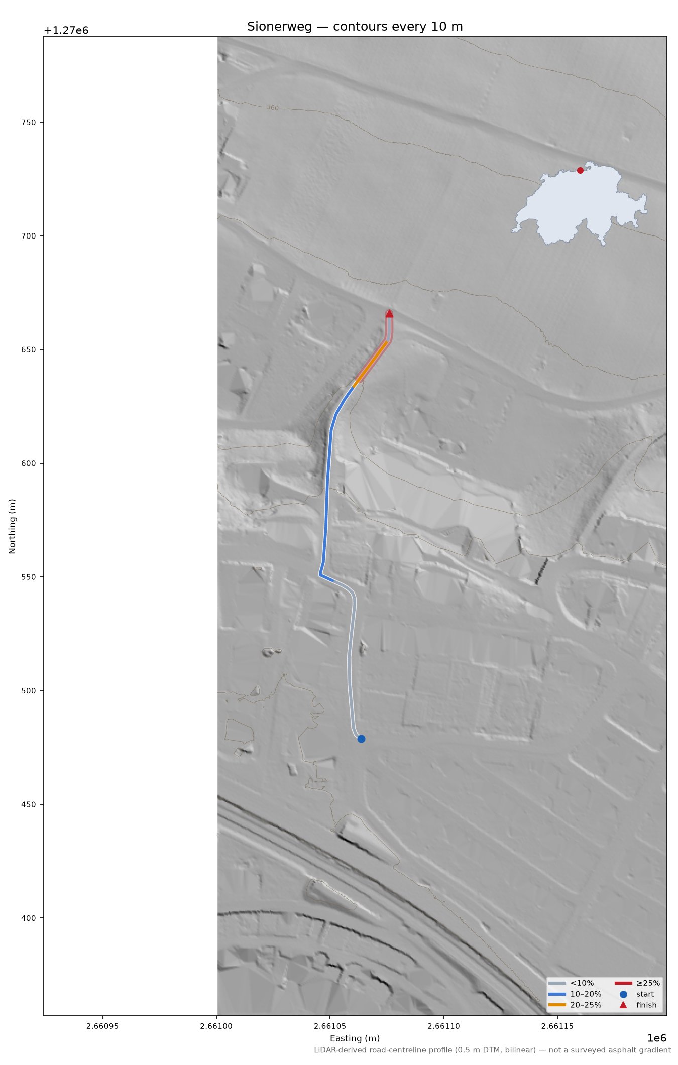 Sionerweg LiDAR hillshade map with contours