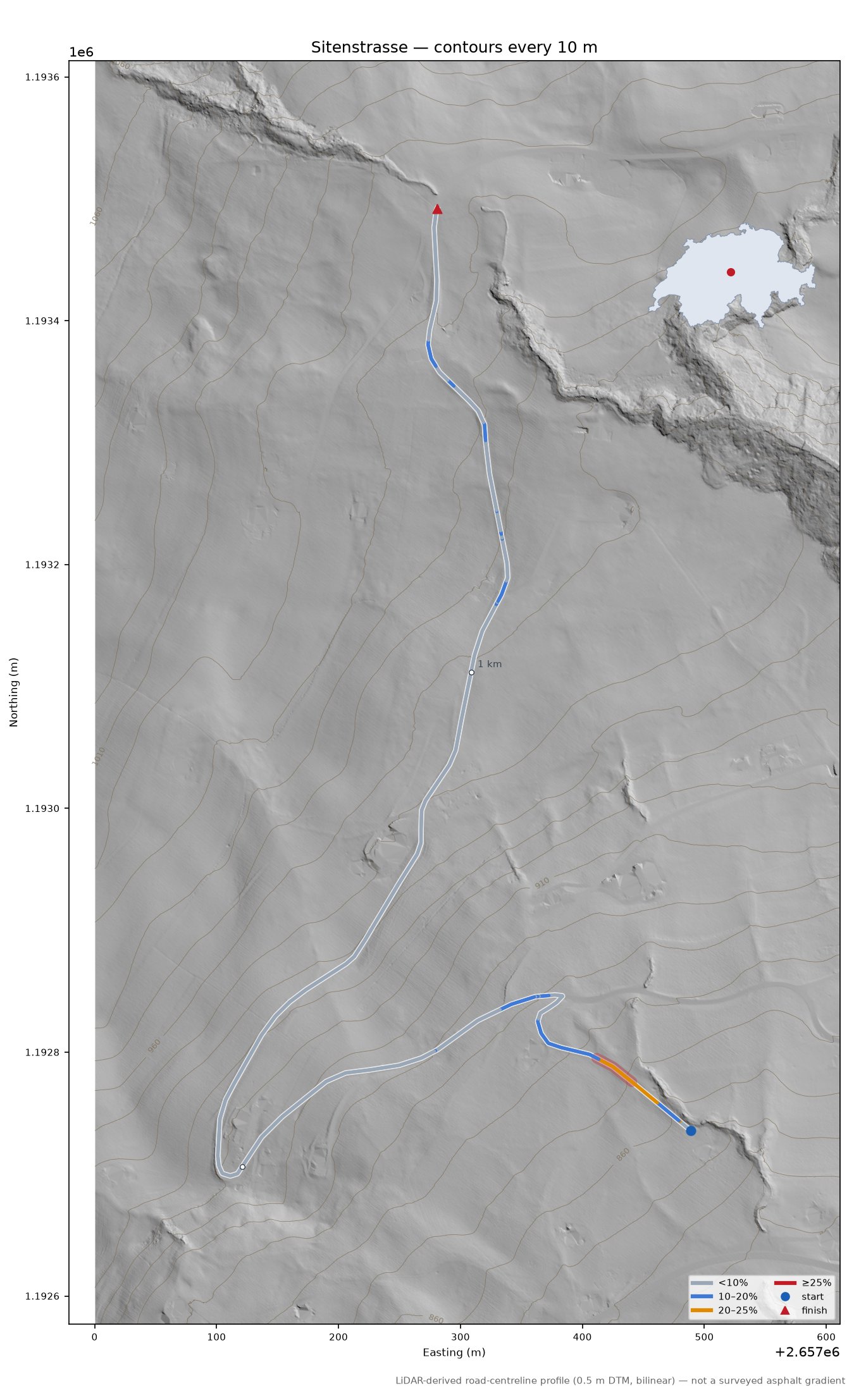 Sitenstrasse LiDAR hillshade map with contours