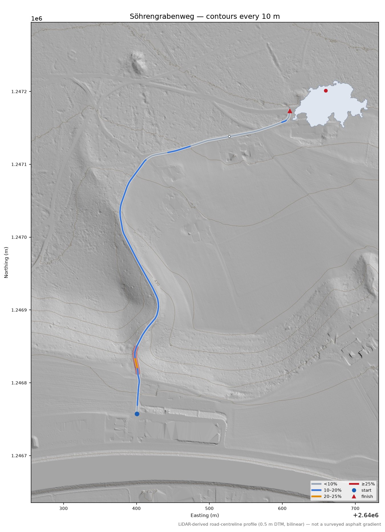 Söhrengrabenweg LiDAR hillshade map with contours