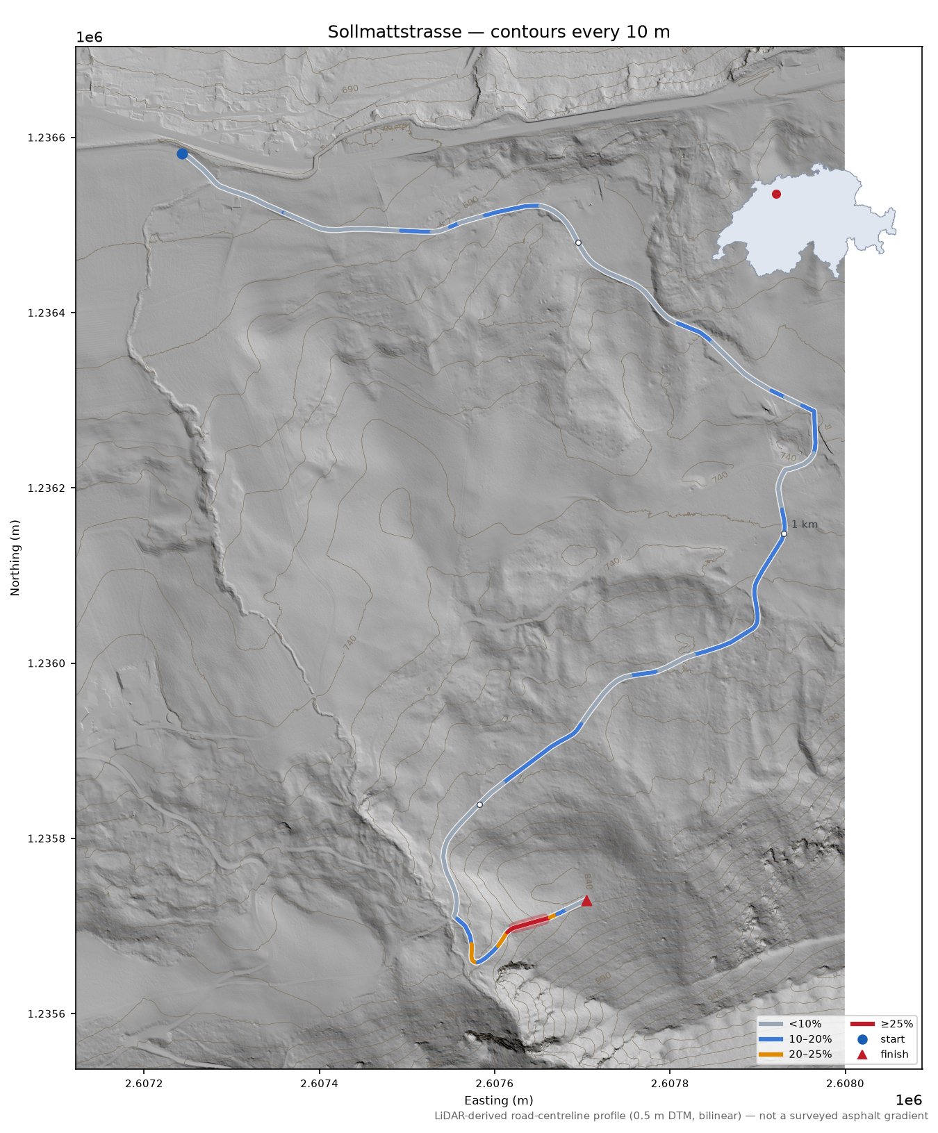 Sollmattstrasse LiDAR hillshade map with contours