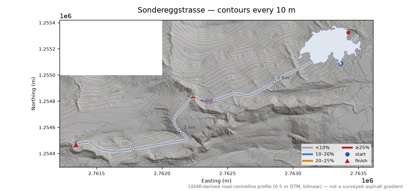 Sondereggstrasse LiDAR hillshade map with contours