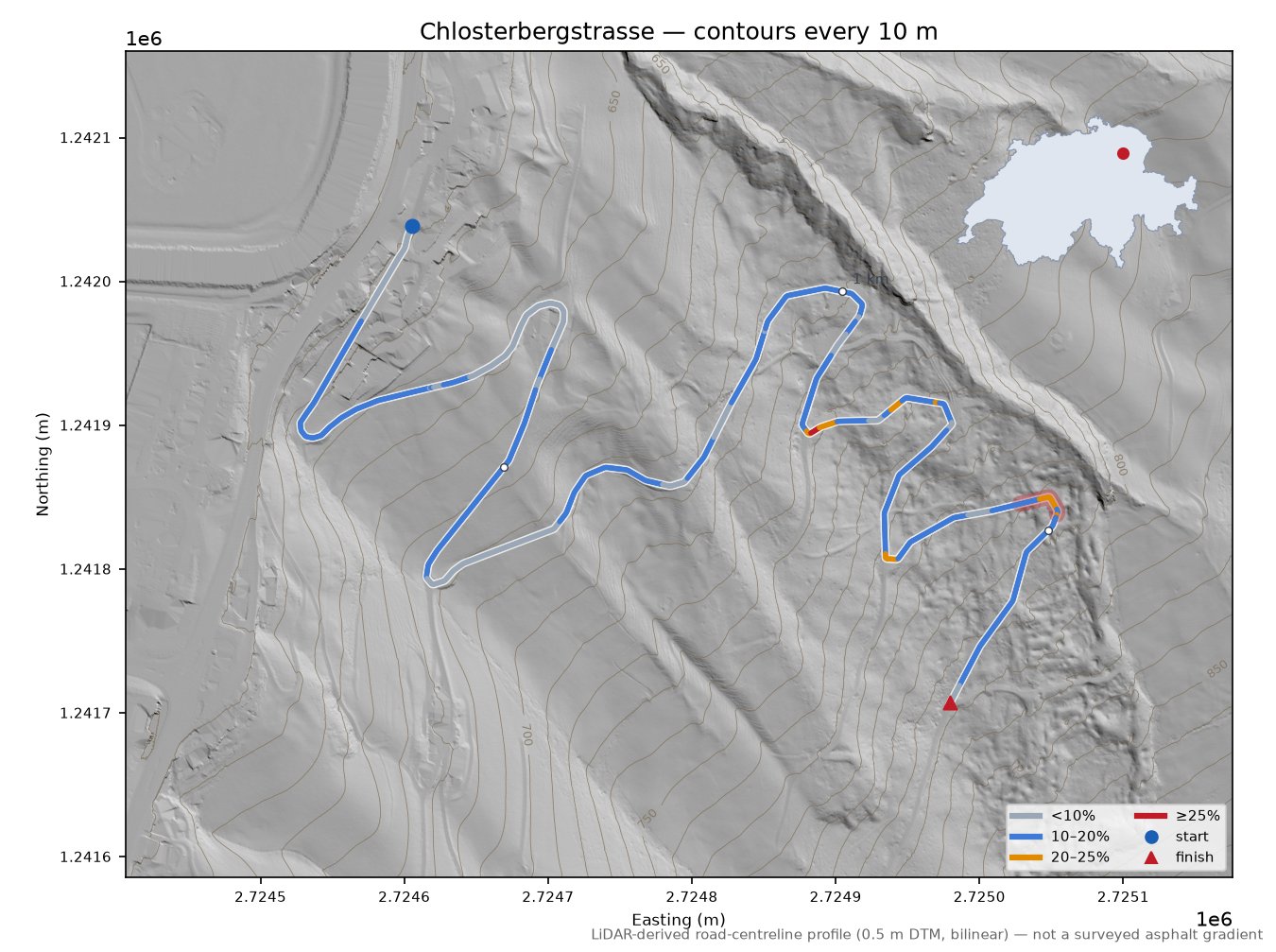 Chlosterbergstrasse LiDAR hillshade map with contours