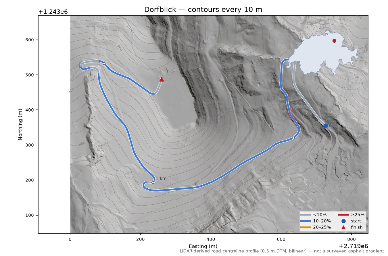 Dorfblick LiDAR hillshade map with contours