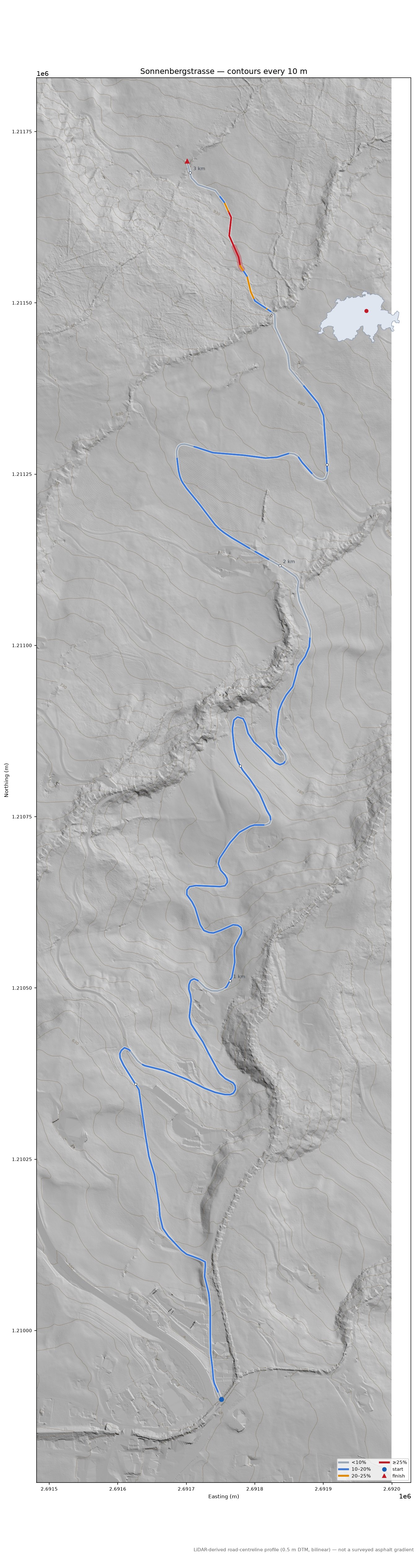 Sonnenbergstrasse LiDAR hillshade map with contours