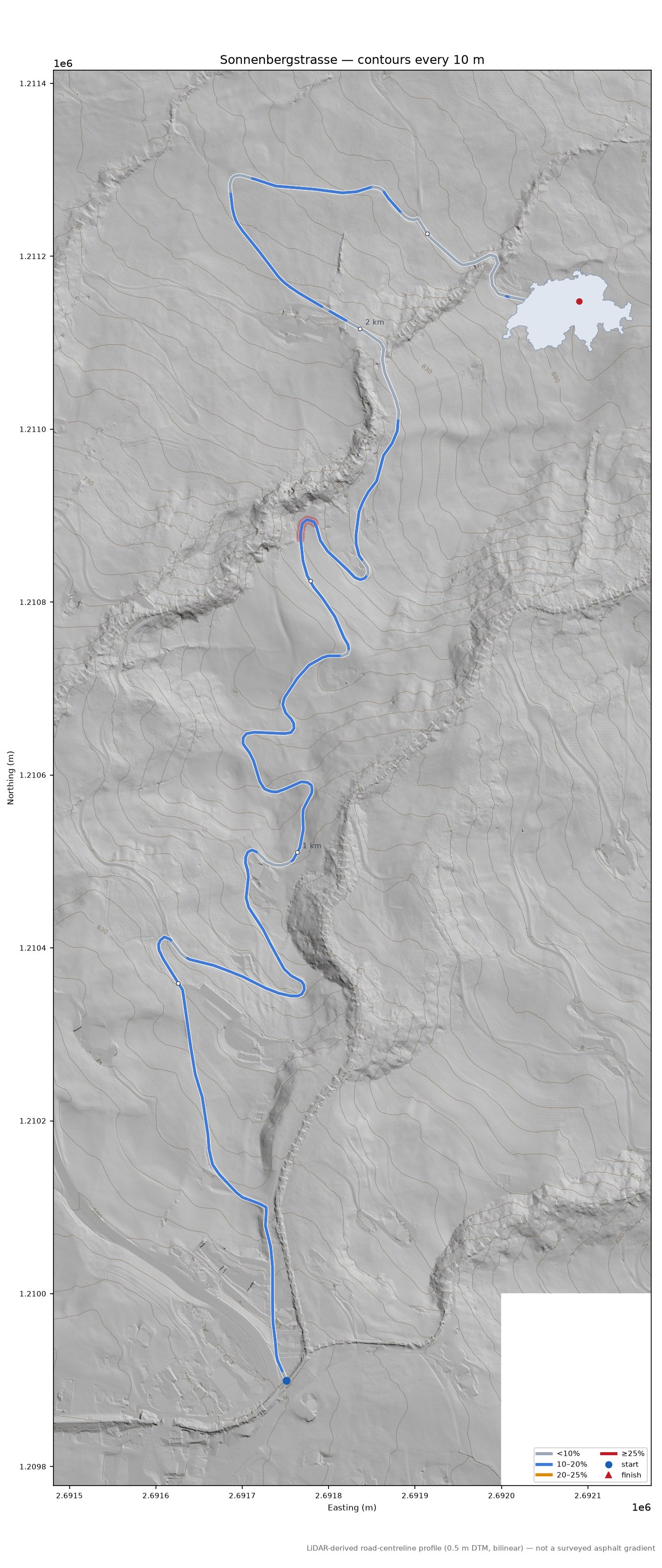 Sonnenbergstrasse LiDAR hillshade map with contours