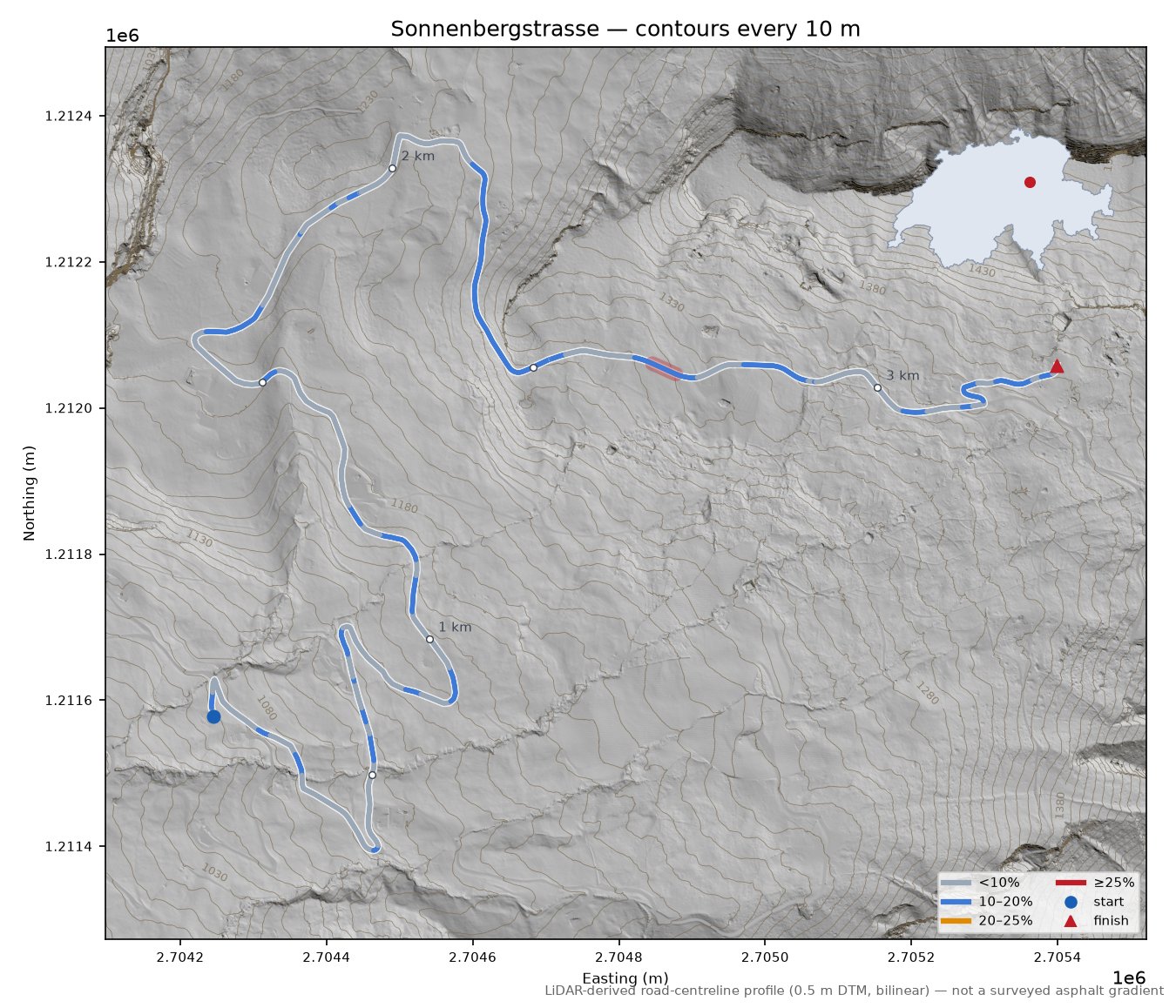 Sonnenbergstrasse LiDAR hillshade map with contours