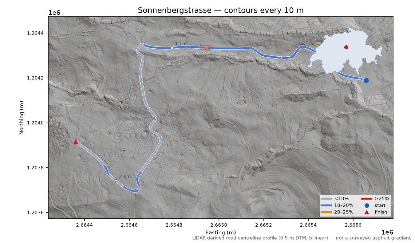 Sonnenbergstrasse LiDAR hillshade map with contours