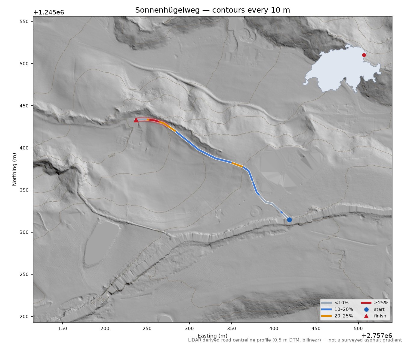 Sonnenhügelweg LiDAR hillshade map with contours