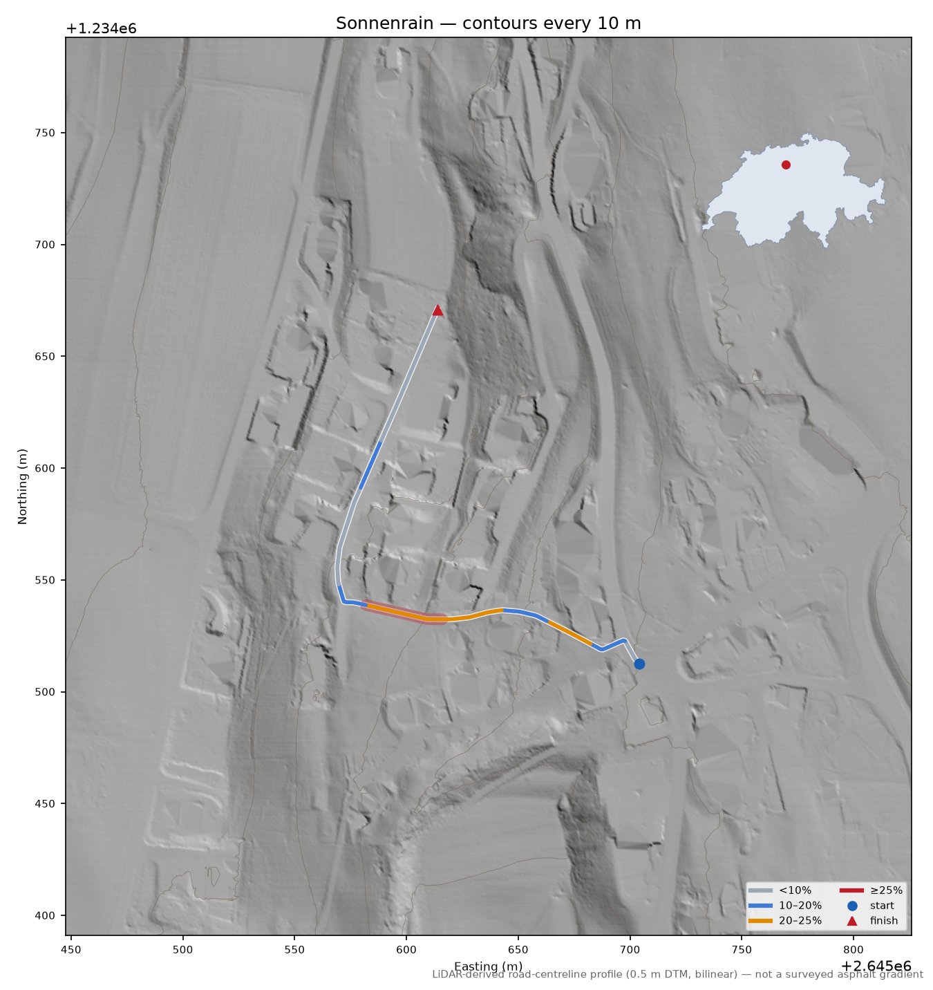 Sonnenrain LiDAR hillshade map with contours