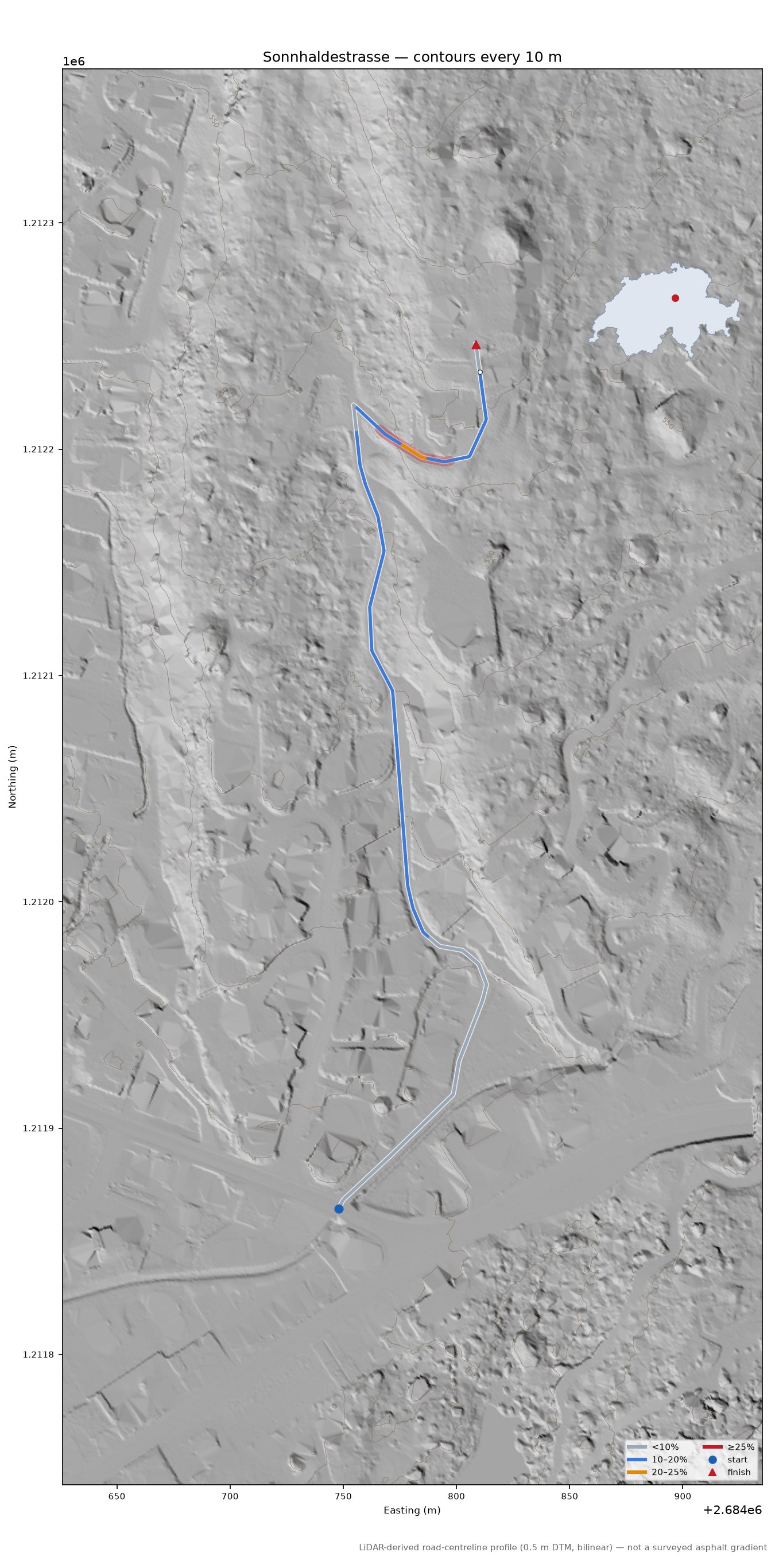 Sonnhaldestrasse LiDAR hillshade map with contours