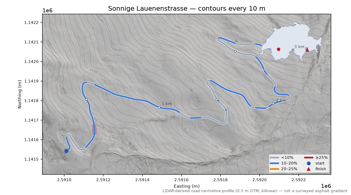 Sonnige Lauenenstrasse LiDAR hillshade map with contours