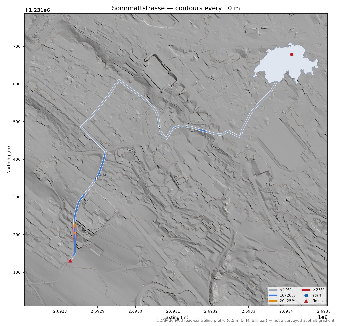 Sonnmattstrasse LiDAR hillshade map with contours