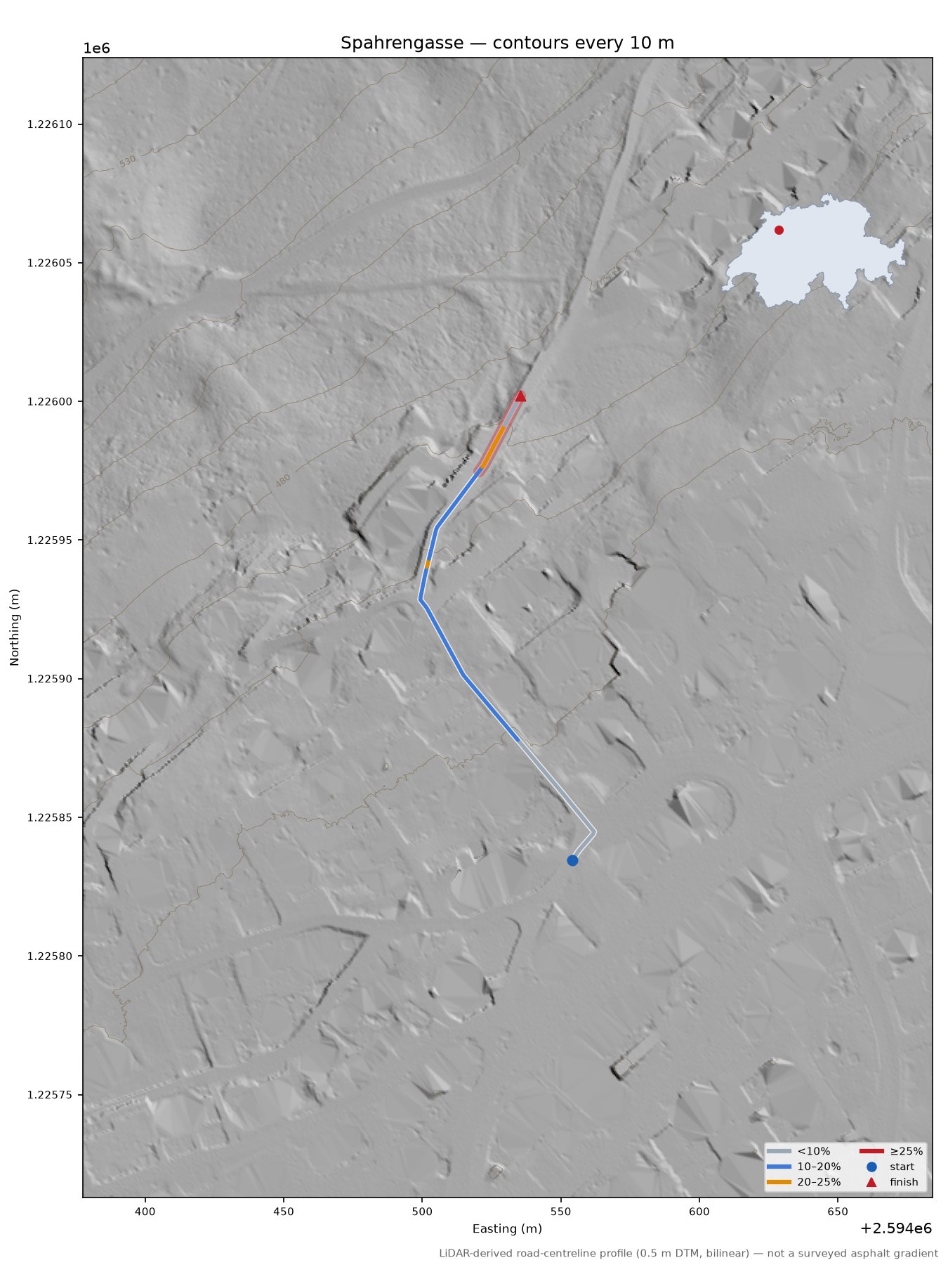 Spahrengasse LiDAR hillshade map with contours