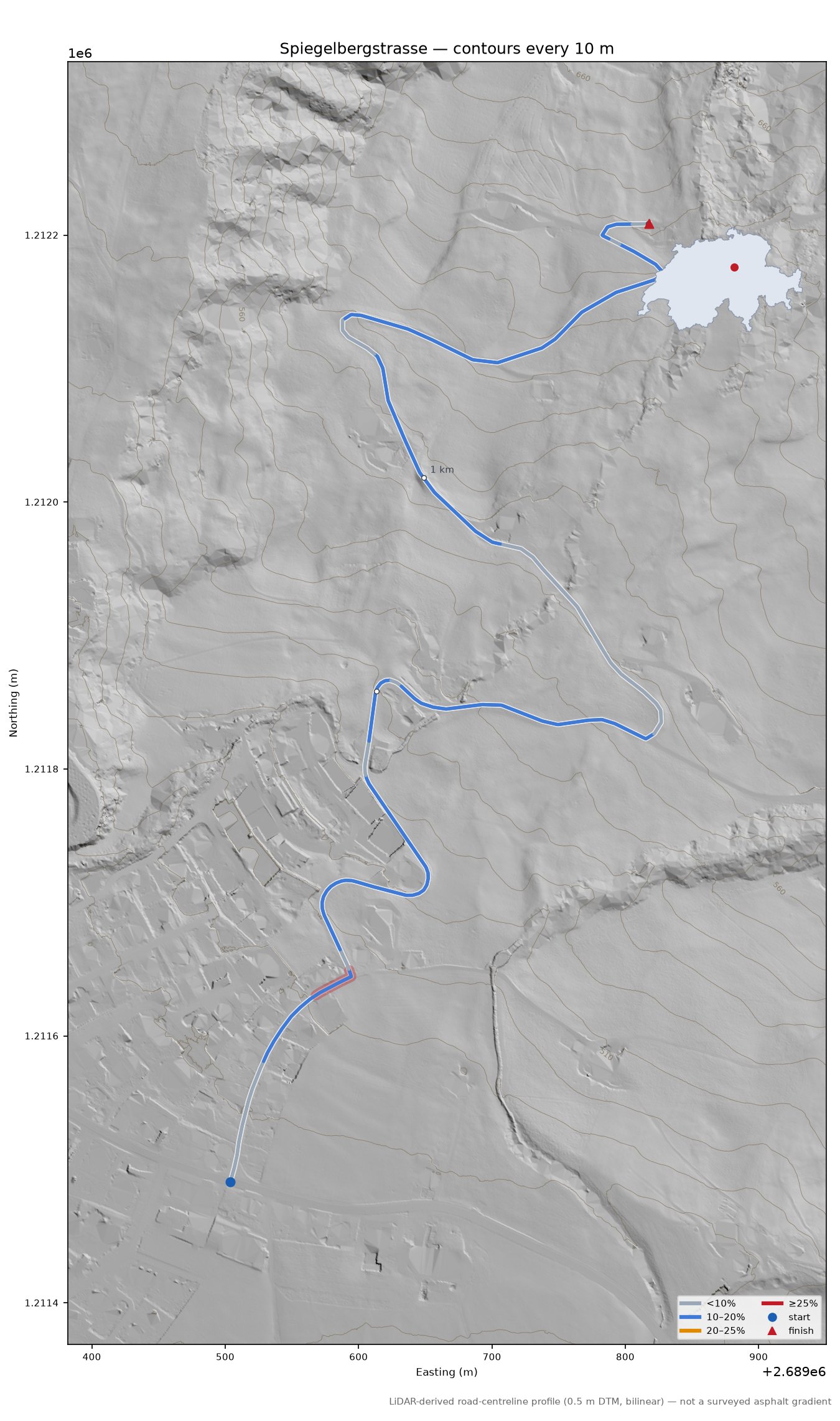 Spiegelbergstrasse LiDAR hillshade map with contours