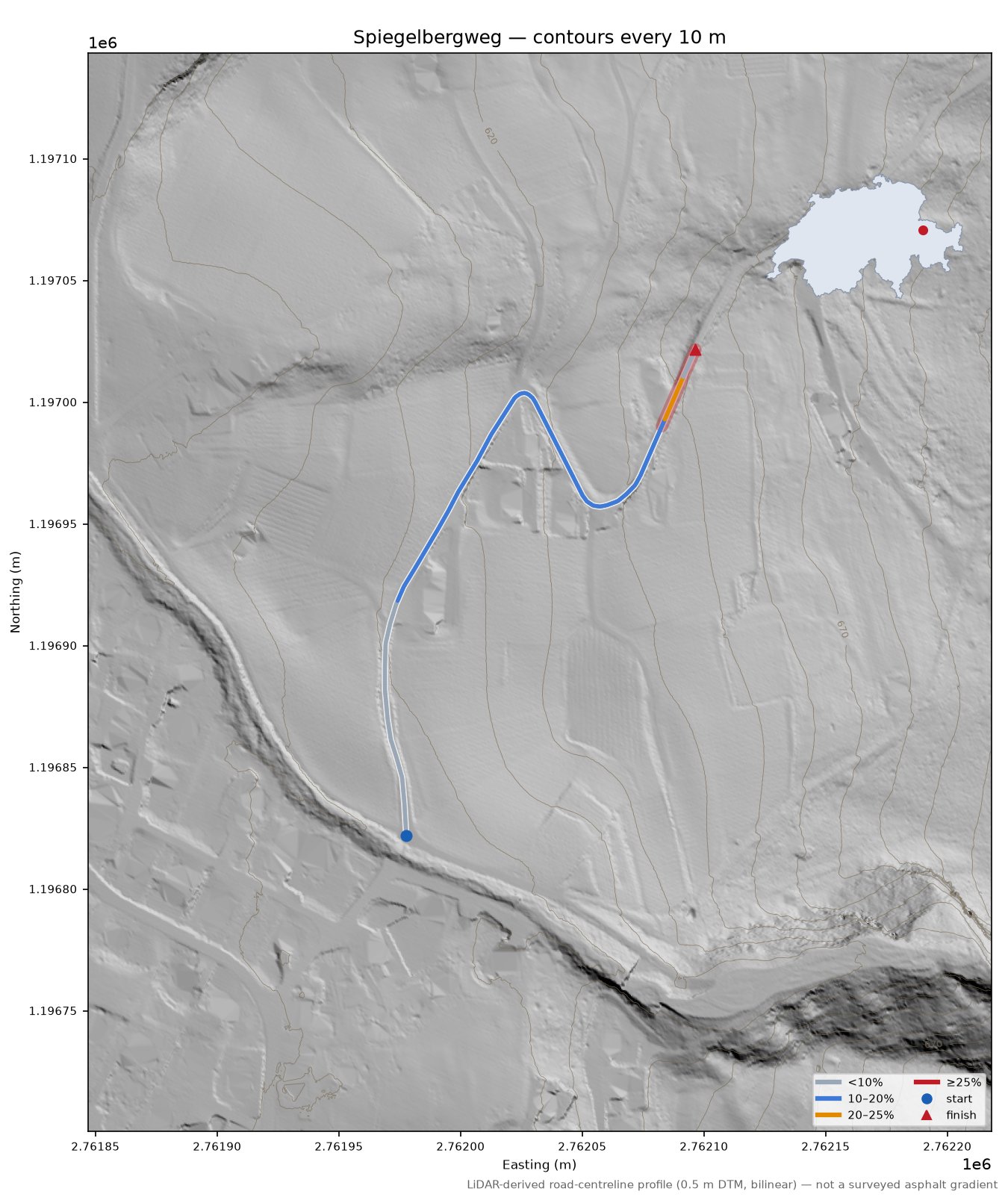 Spiegelbergweg LiDAR hillshade map with contours