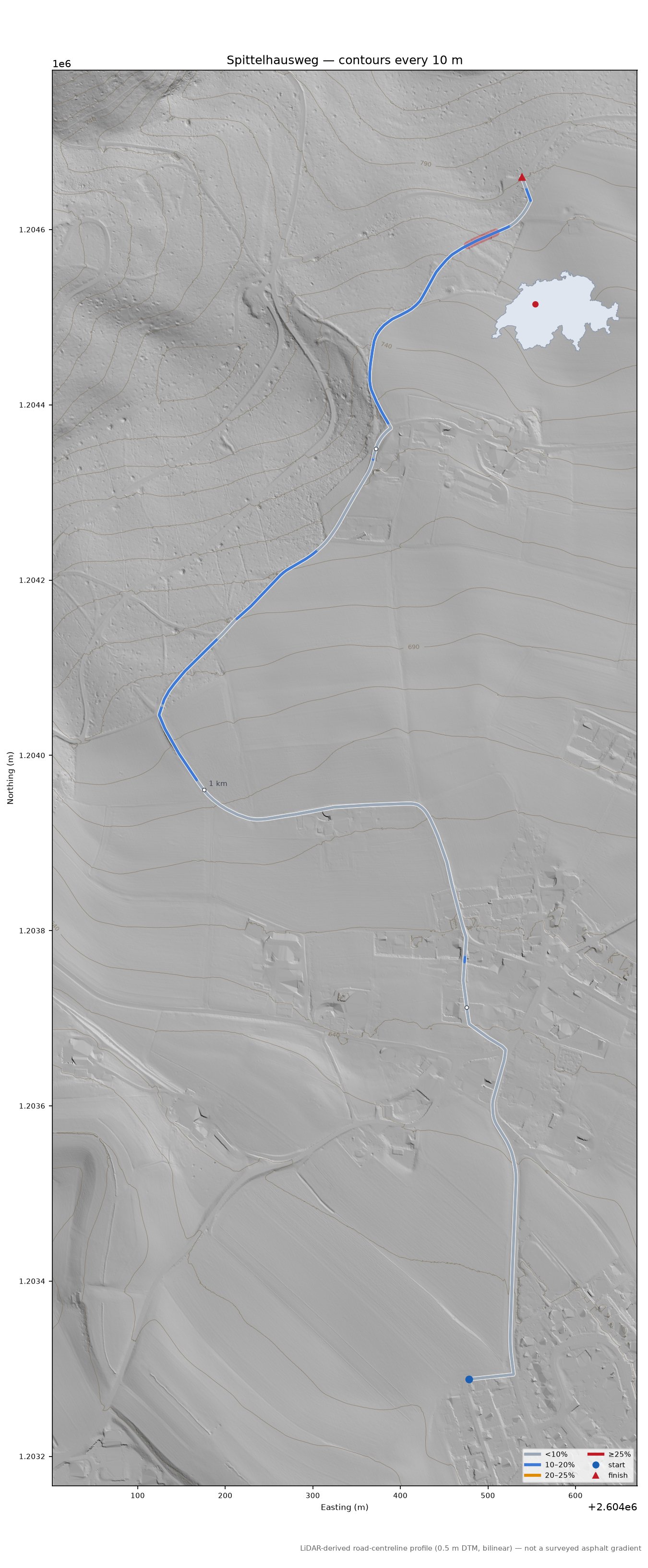 Spittelhausweg LiDAR hillshade map with contours