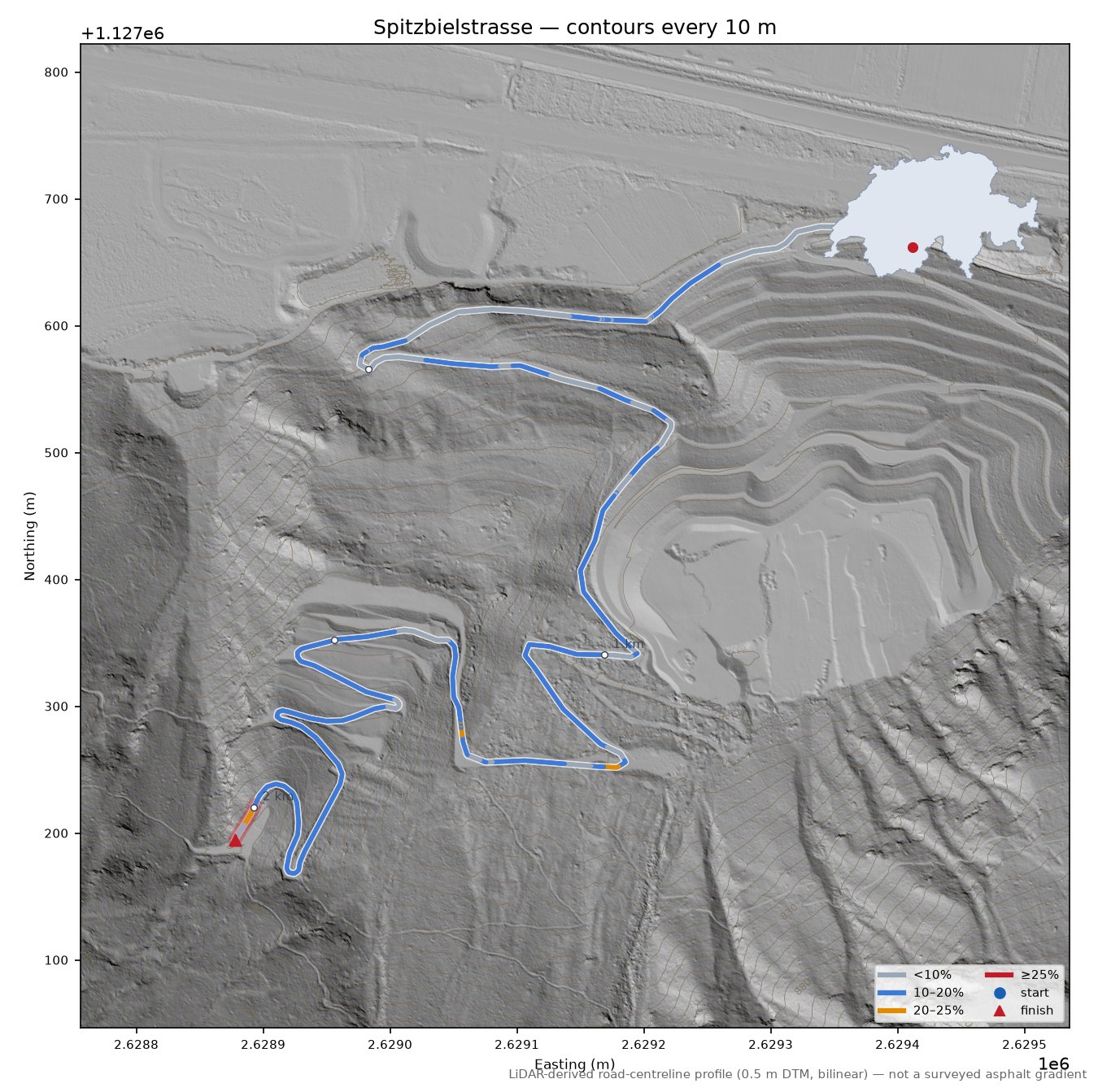 Spitzbielstrasse LiDAR hillshade map with contours
