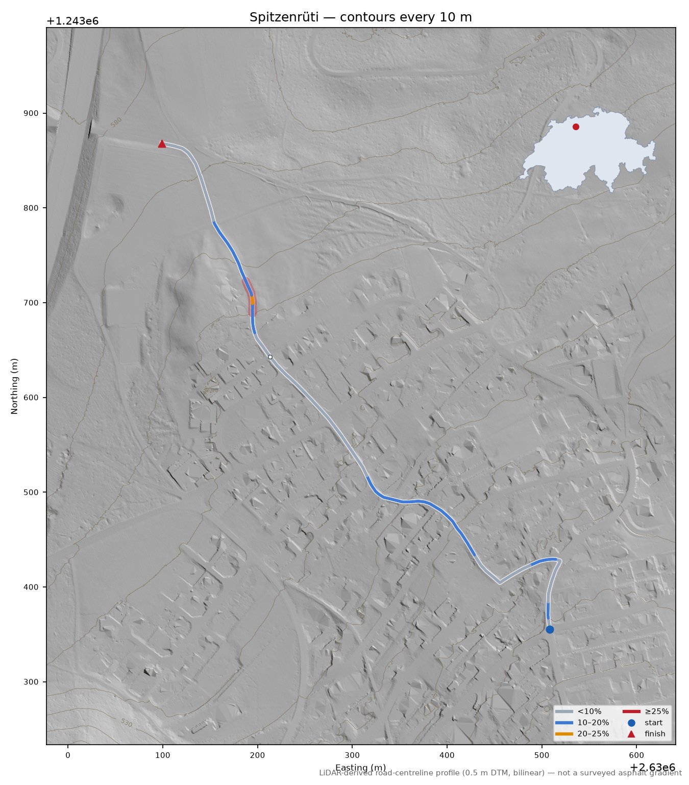 Spitzenrüti LiDAR hillshade map with contours
