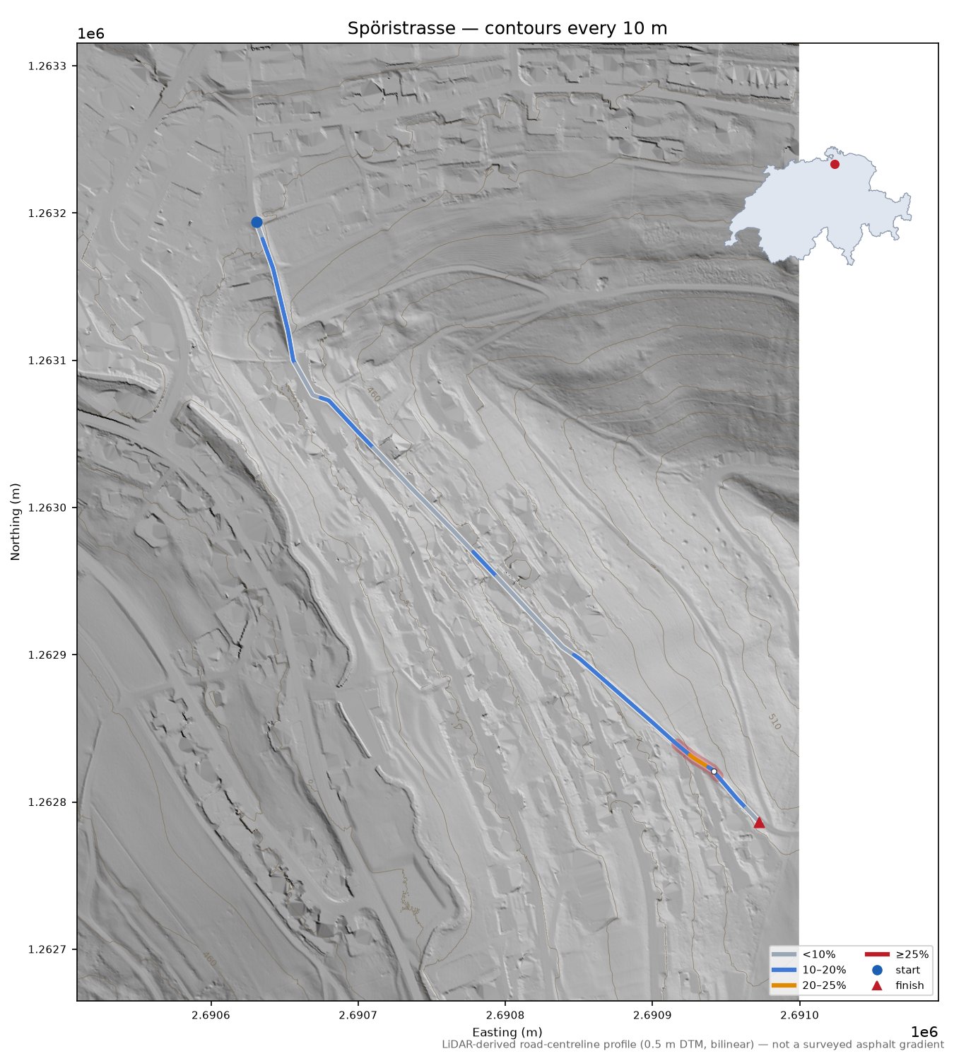 Spöristrasse LiDAR hillshade map with contours