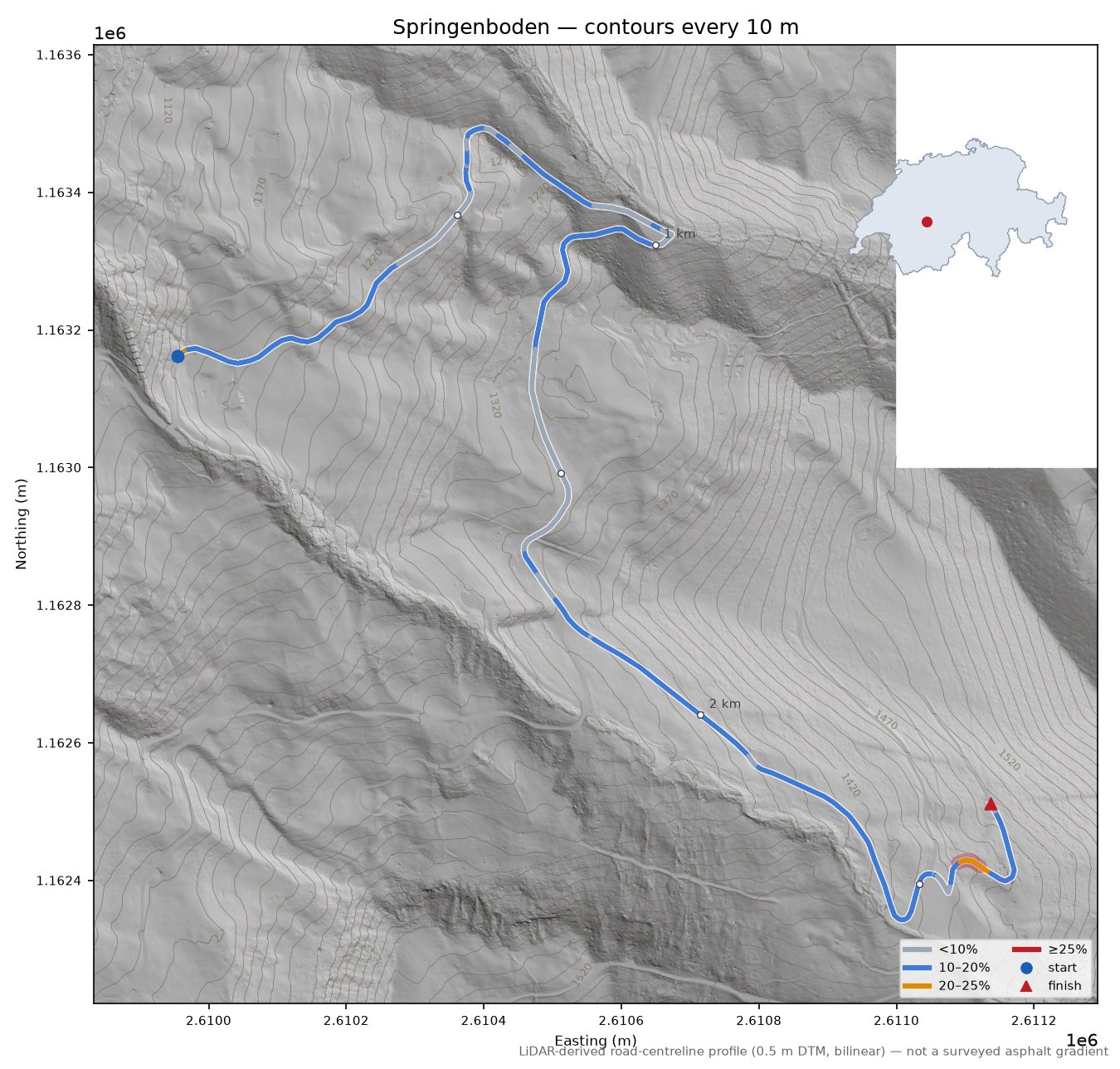 Springenboden LiDAR hillshade map with contours