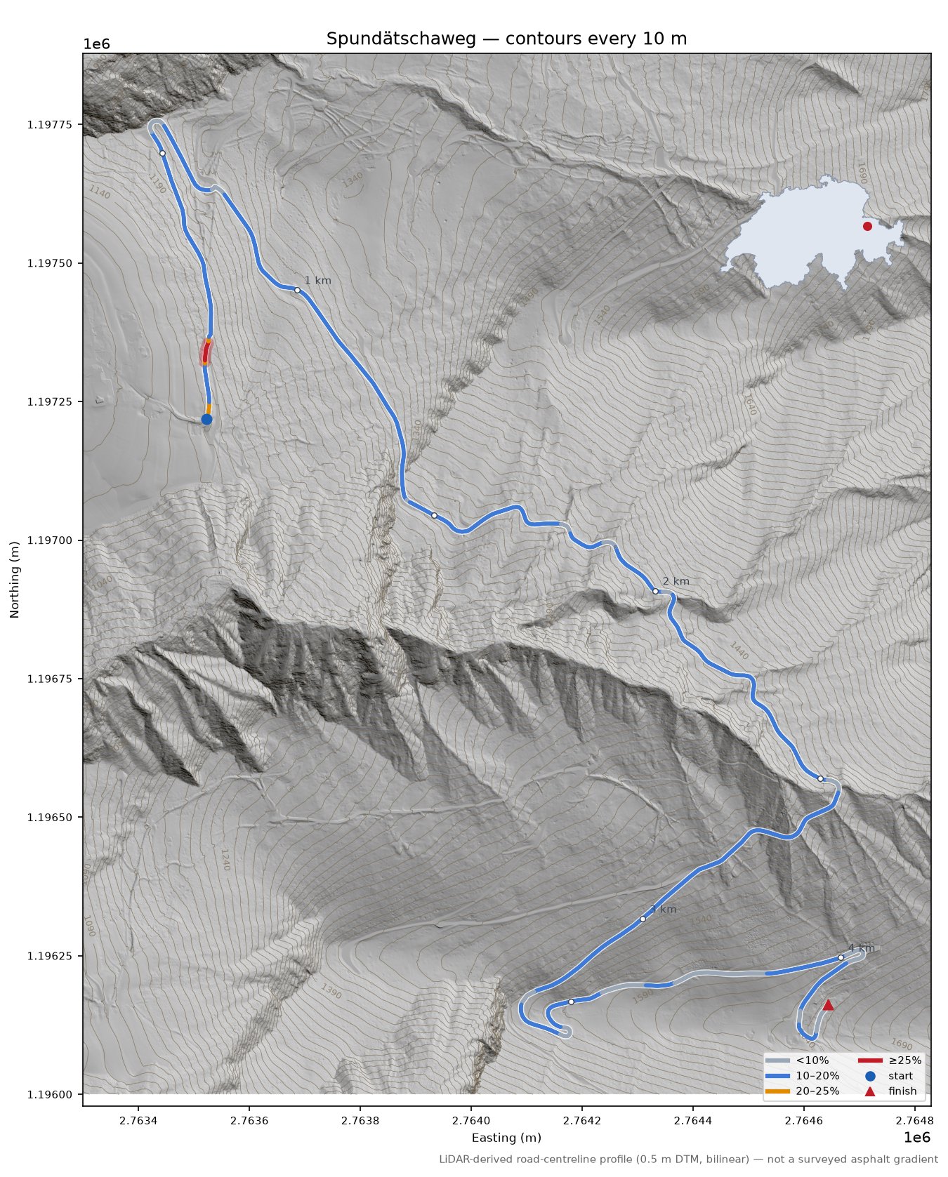 Spundätschaweg LiDAR hillshade map with contours