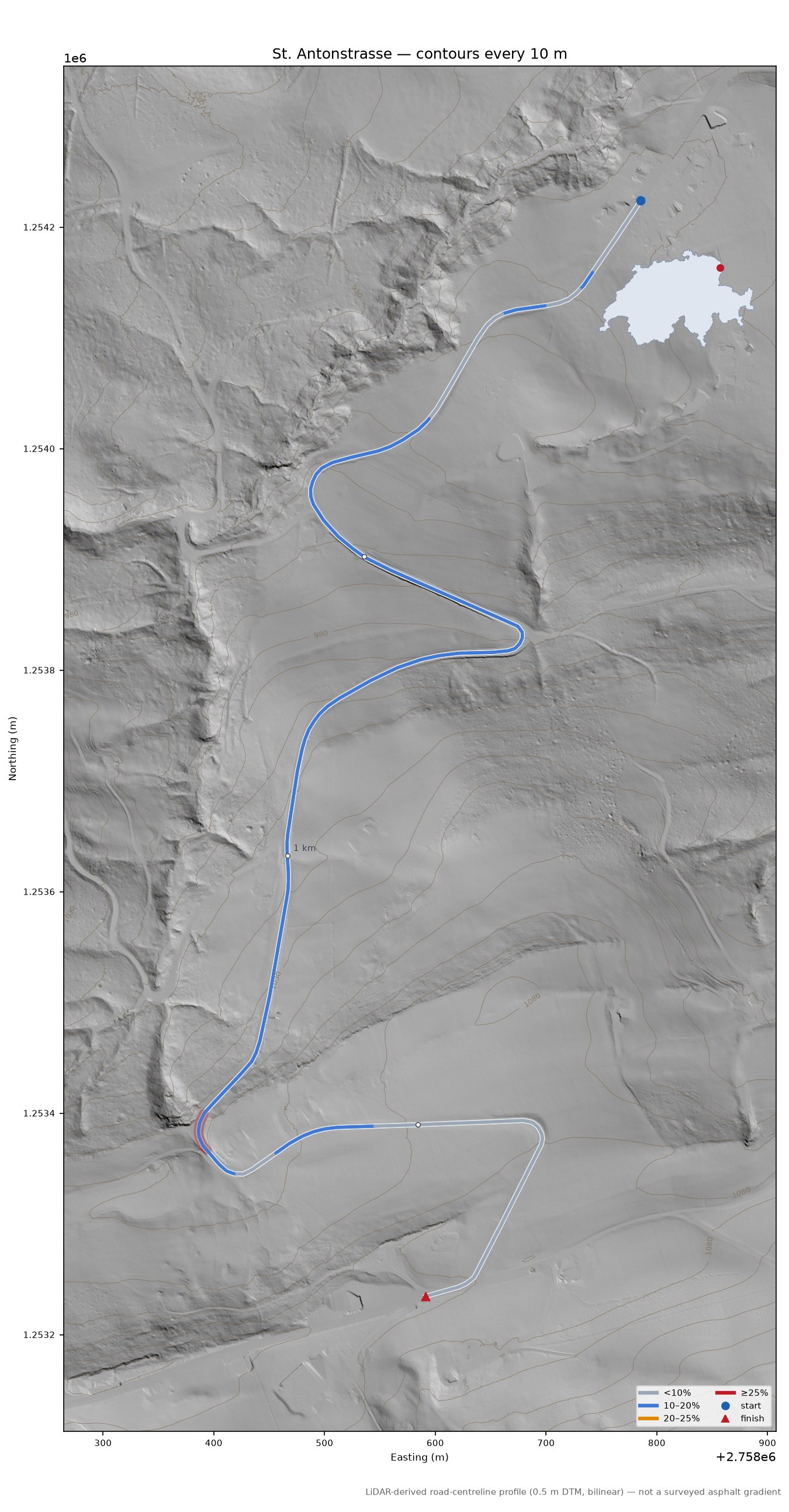 St. Antonstrasse LiDAR hillshade map with contours